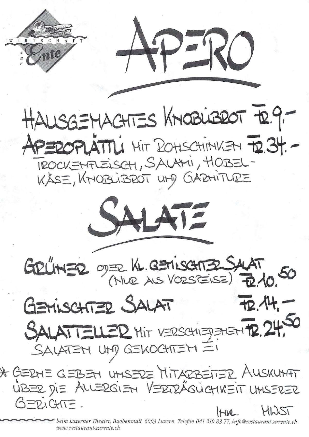 Menu di Wirtschaft zur Ente 