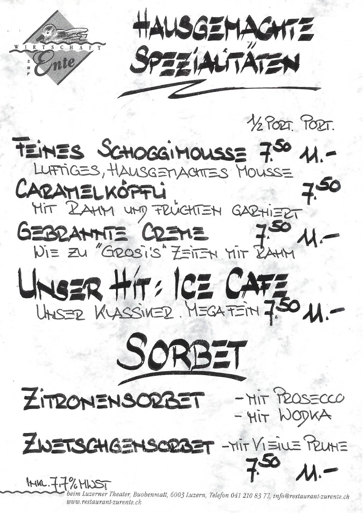 Menu di Wirtschaft zur Ente 