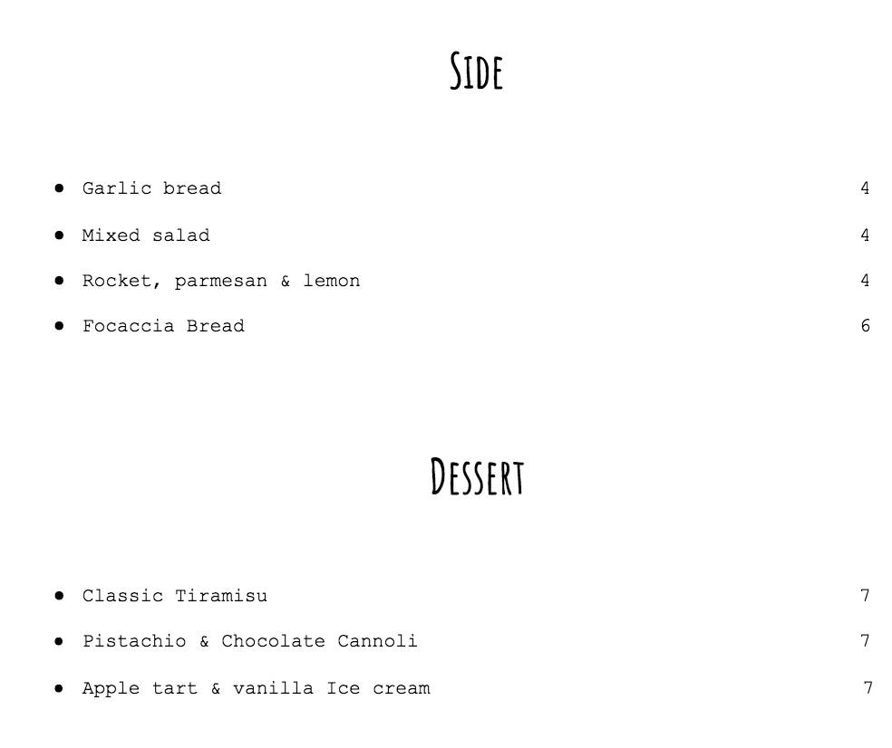 Menu at Wood Fire Cafe, Dublin