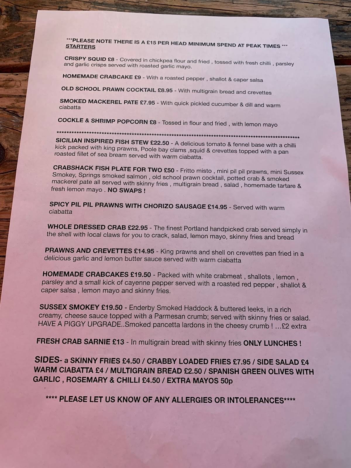 Menu at CrabShack restaurant, Worthing