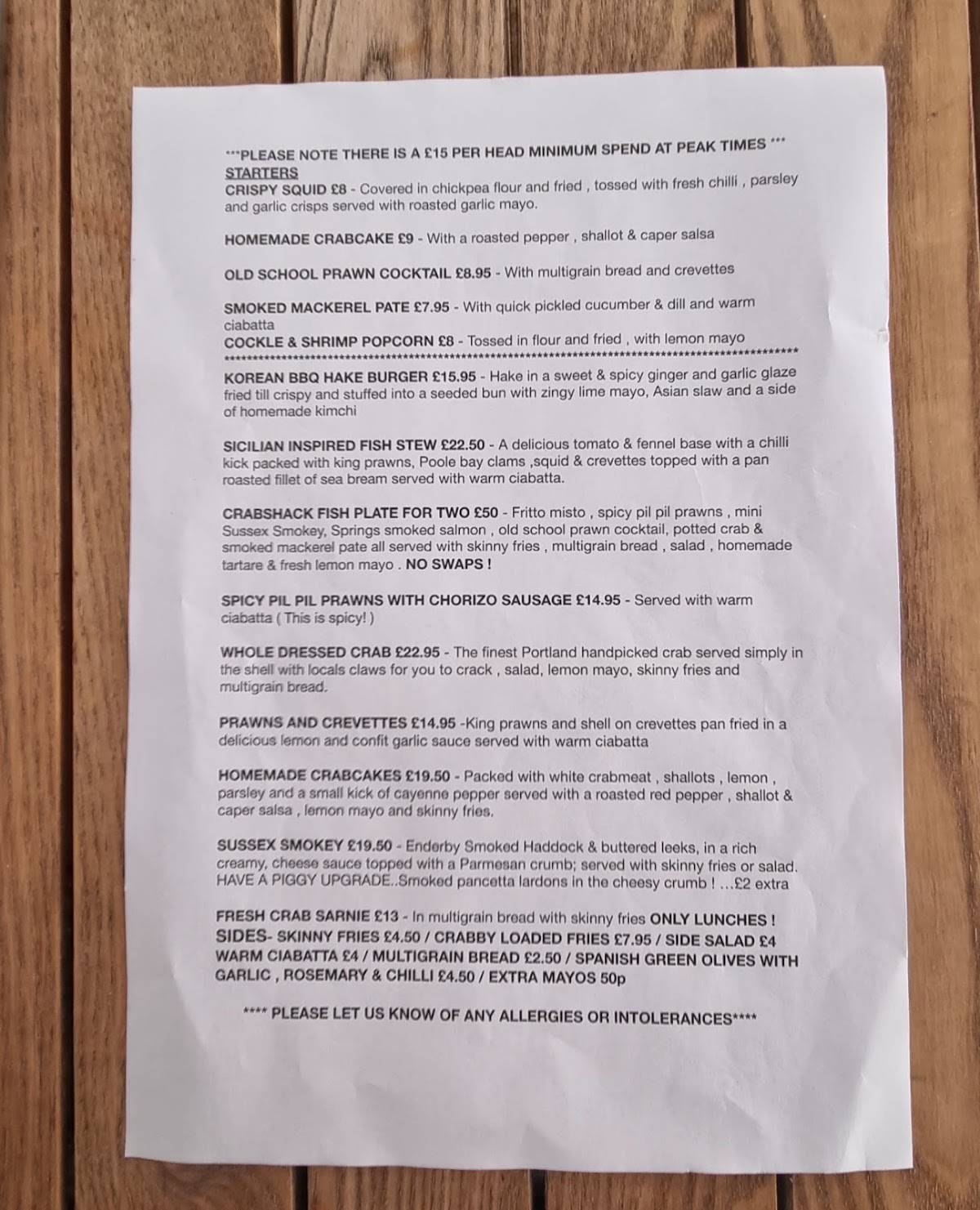 Menu at CrabShack restaurant, Worthing