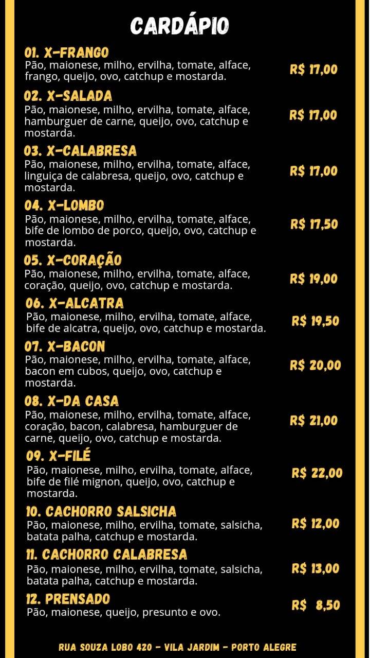 Xis do Carlinhos cardápio