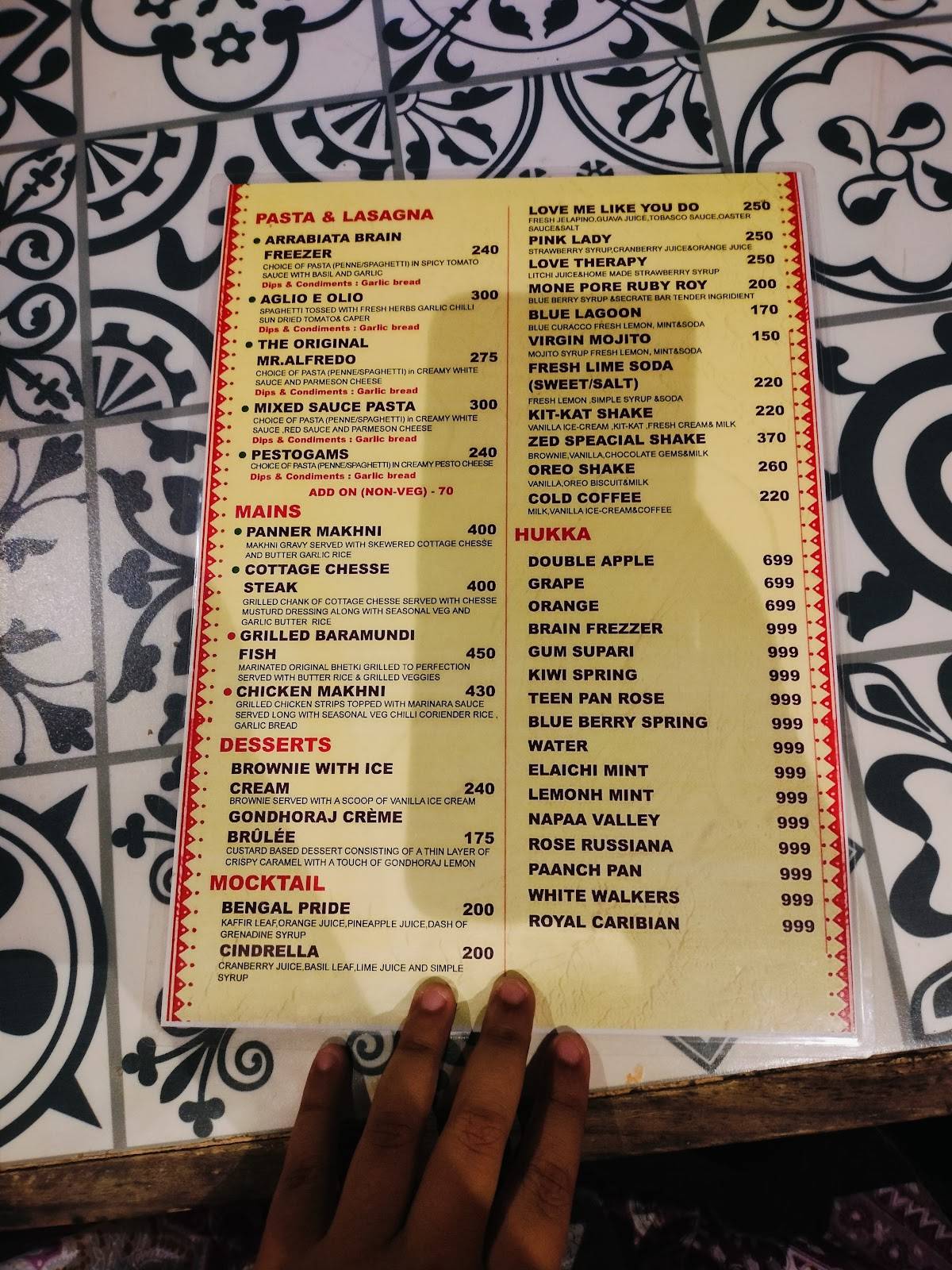 Zed Sky Lounge Cafe menu