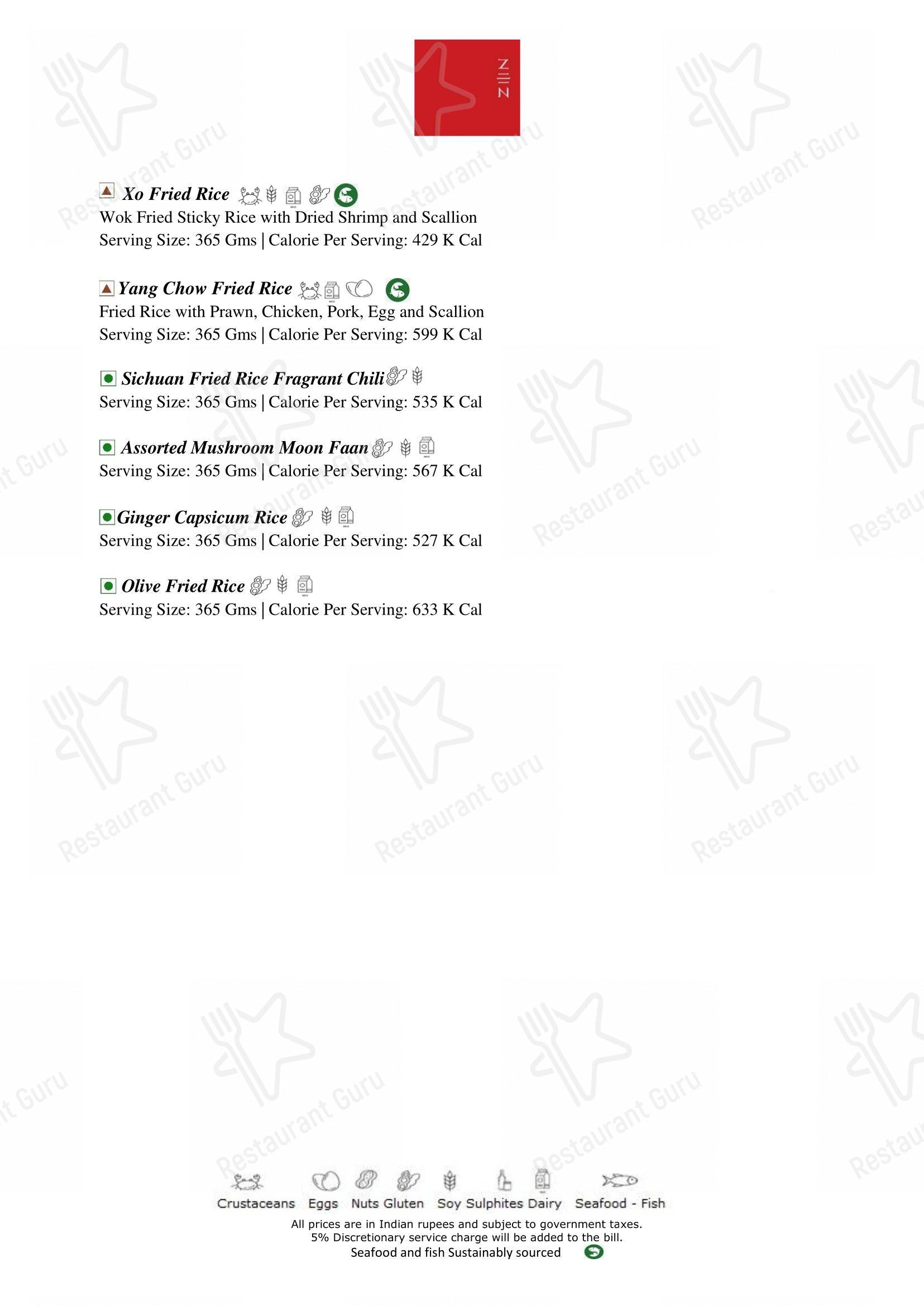 Menu for the Zen restaurant