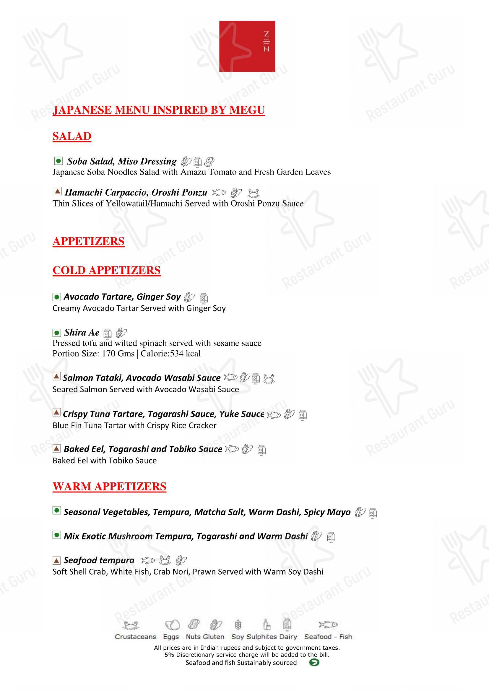 Menu for the Zen restaurant