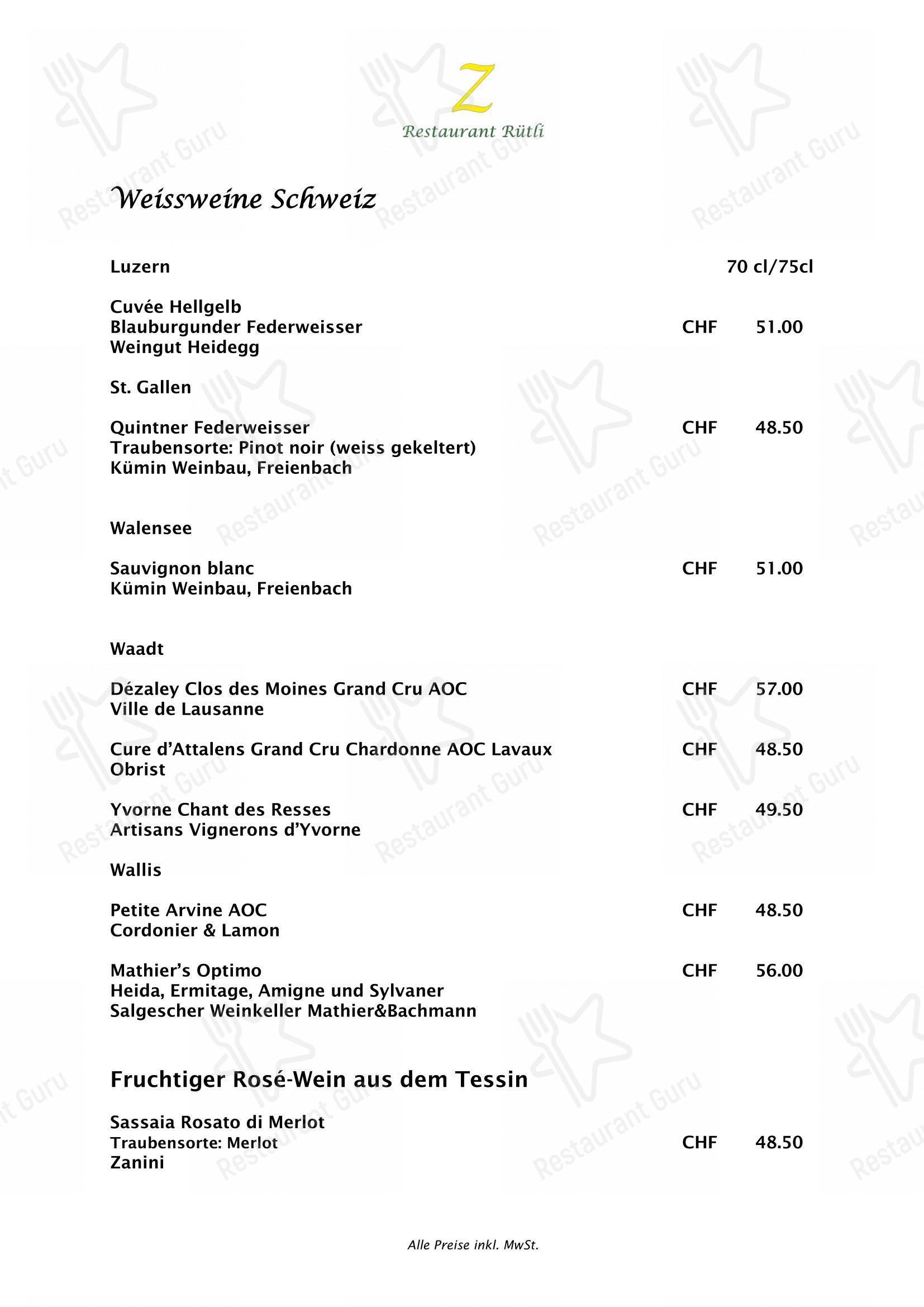 Menu di Zeno's Restaurant Rütli - Основное меню