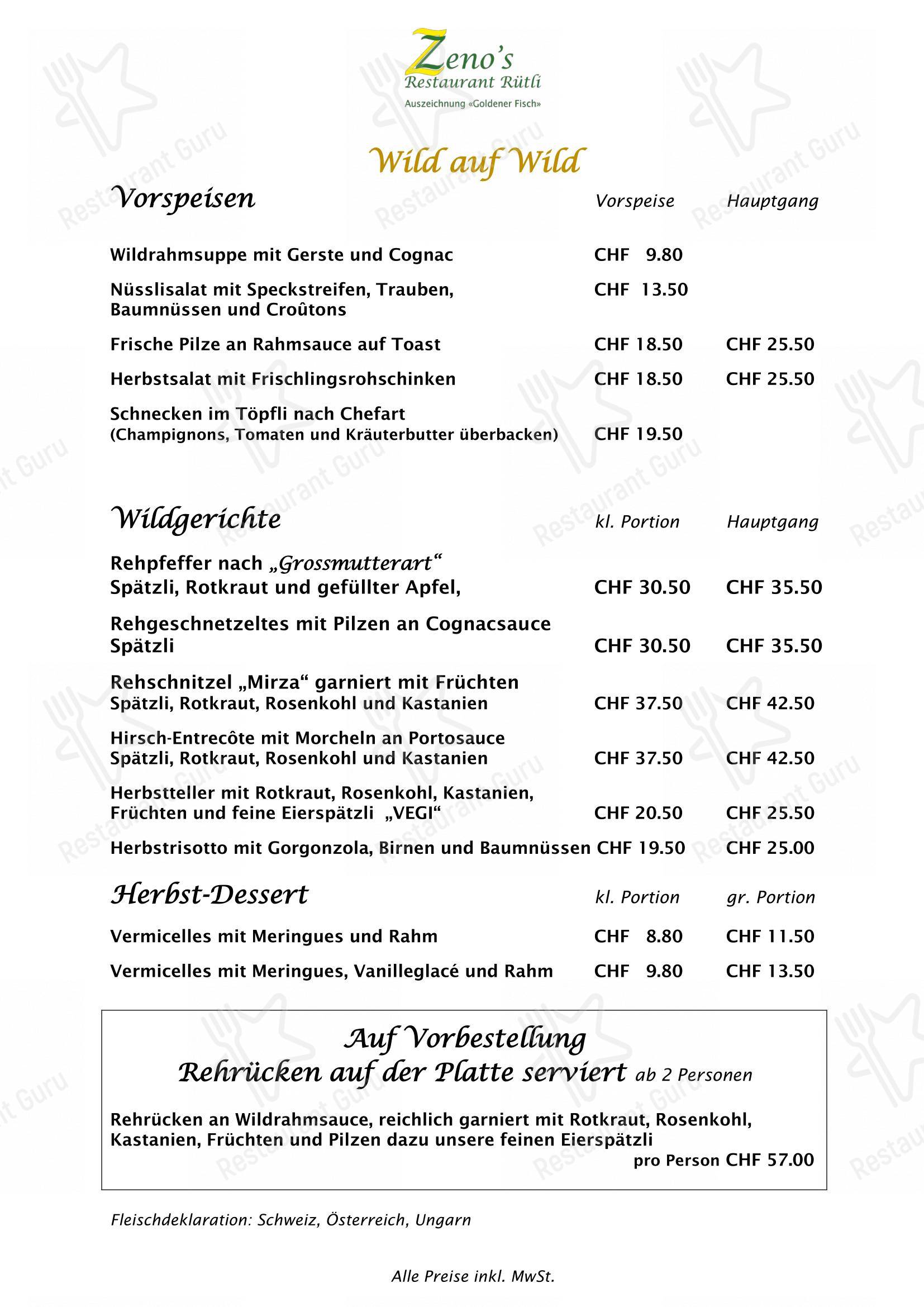 Menu di Zeno's Restaurant Rütli - 菜单