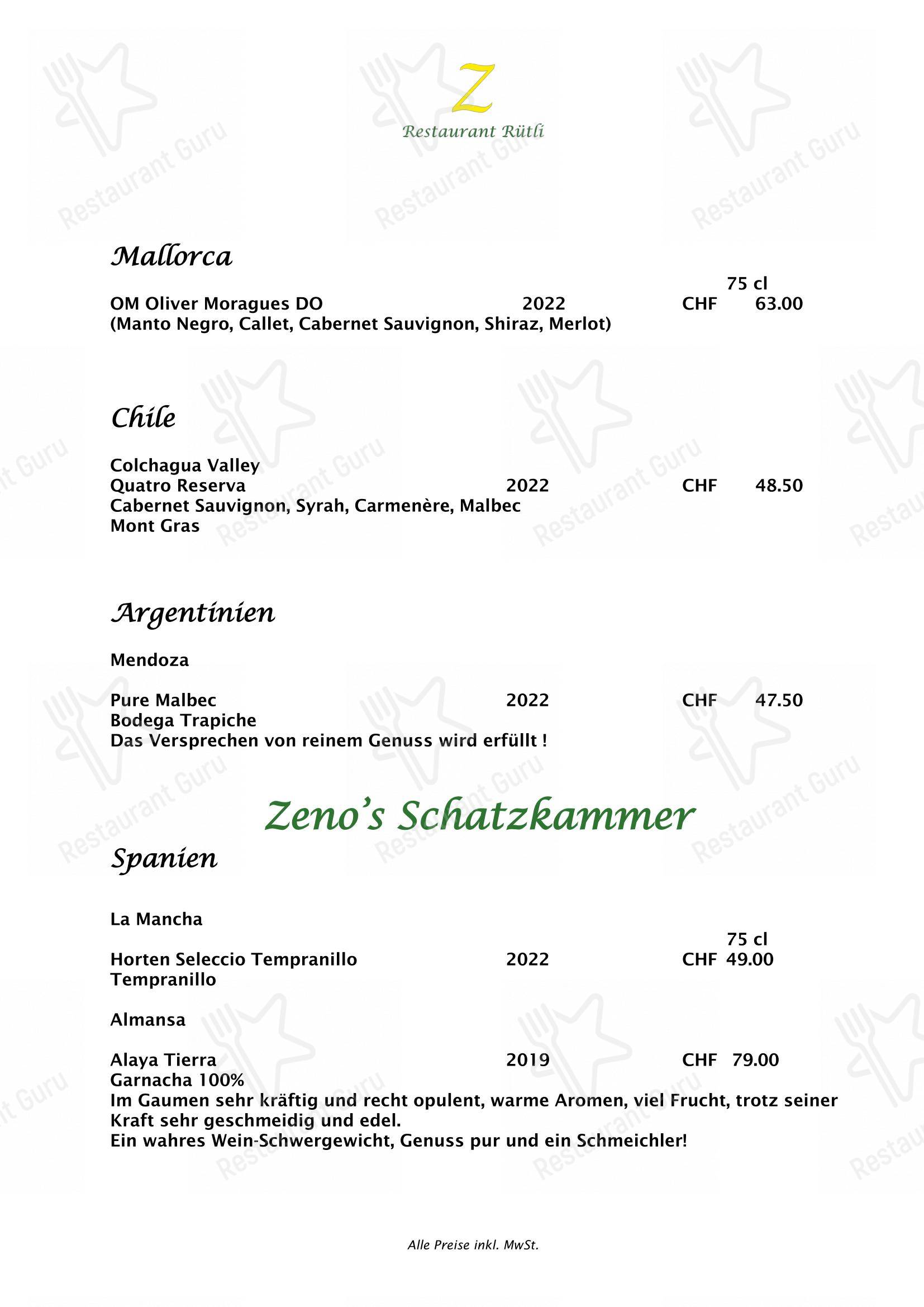 Menu di Zeno's Restaurant Rütli - Основное меню