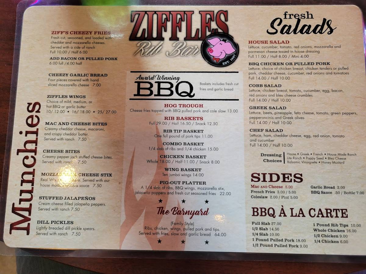 Menu at Ziffle's Rib Bar, Fort Wayne