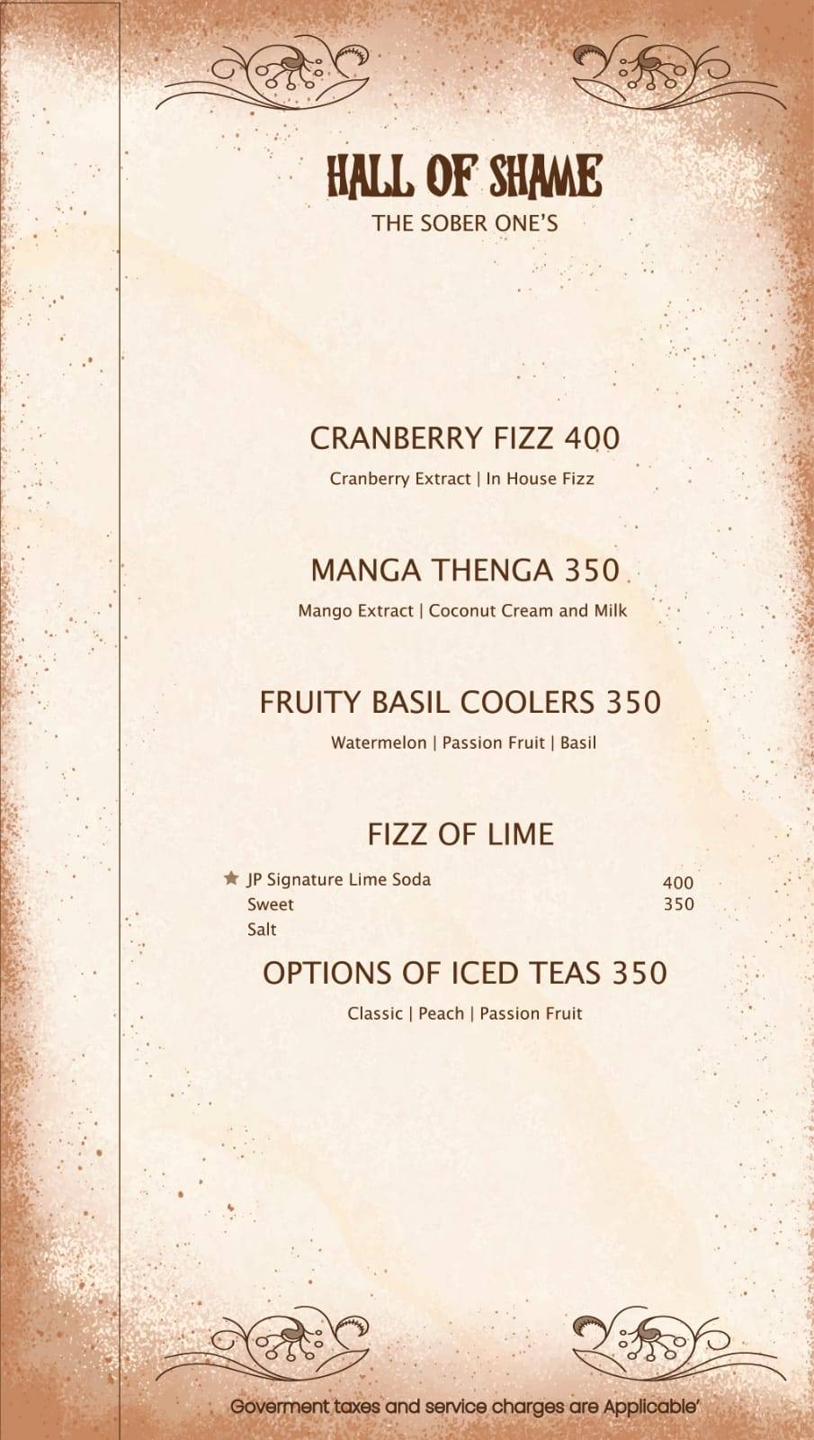 Zing rooftop menu