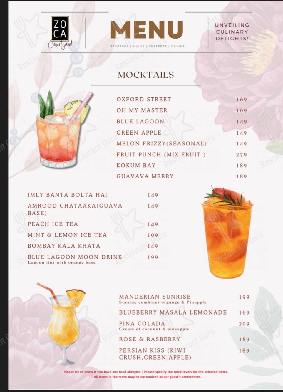 Zoca Courtyard Barmer menu