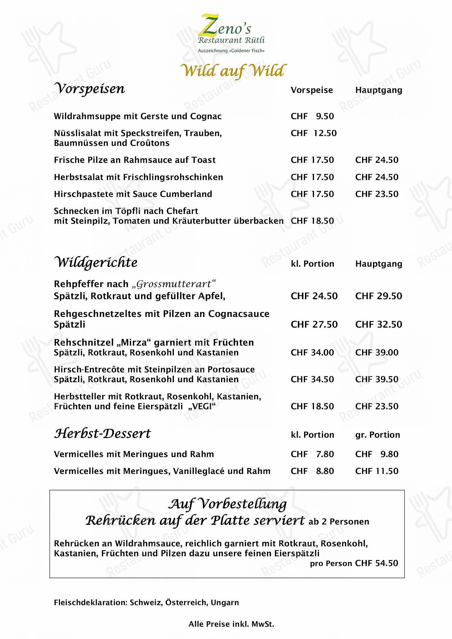 Lunch Menu per Zeno's Restaurant Rütli ristorante