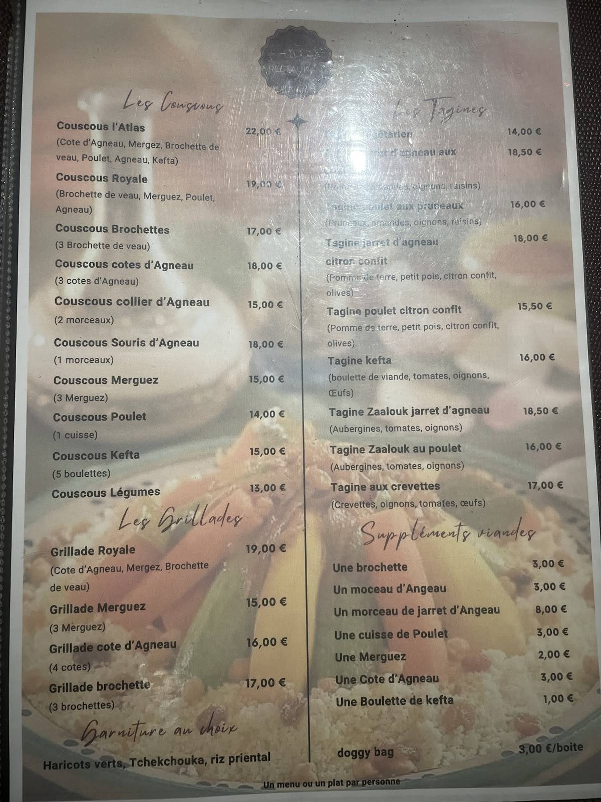 Menu de couscous restaurant l'atlas