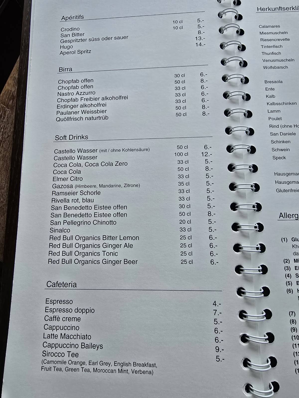 Menu di dieci Pizza&Pasta Restaurant Rapperswil 