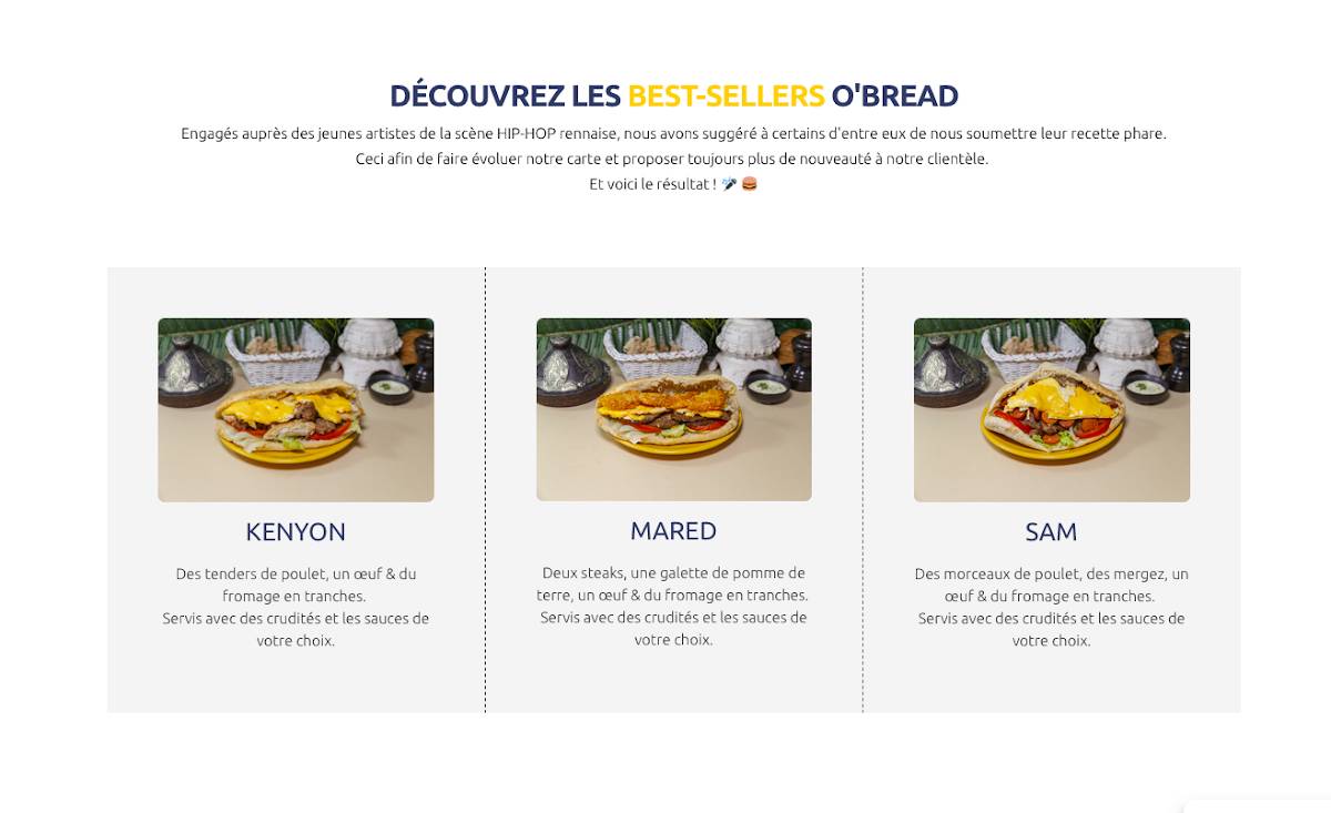 Menu de O'Bread