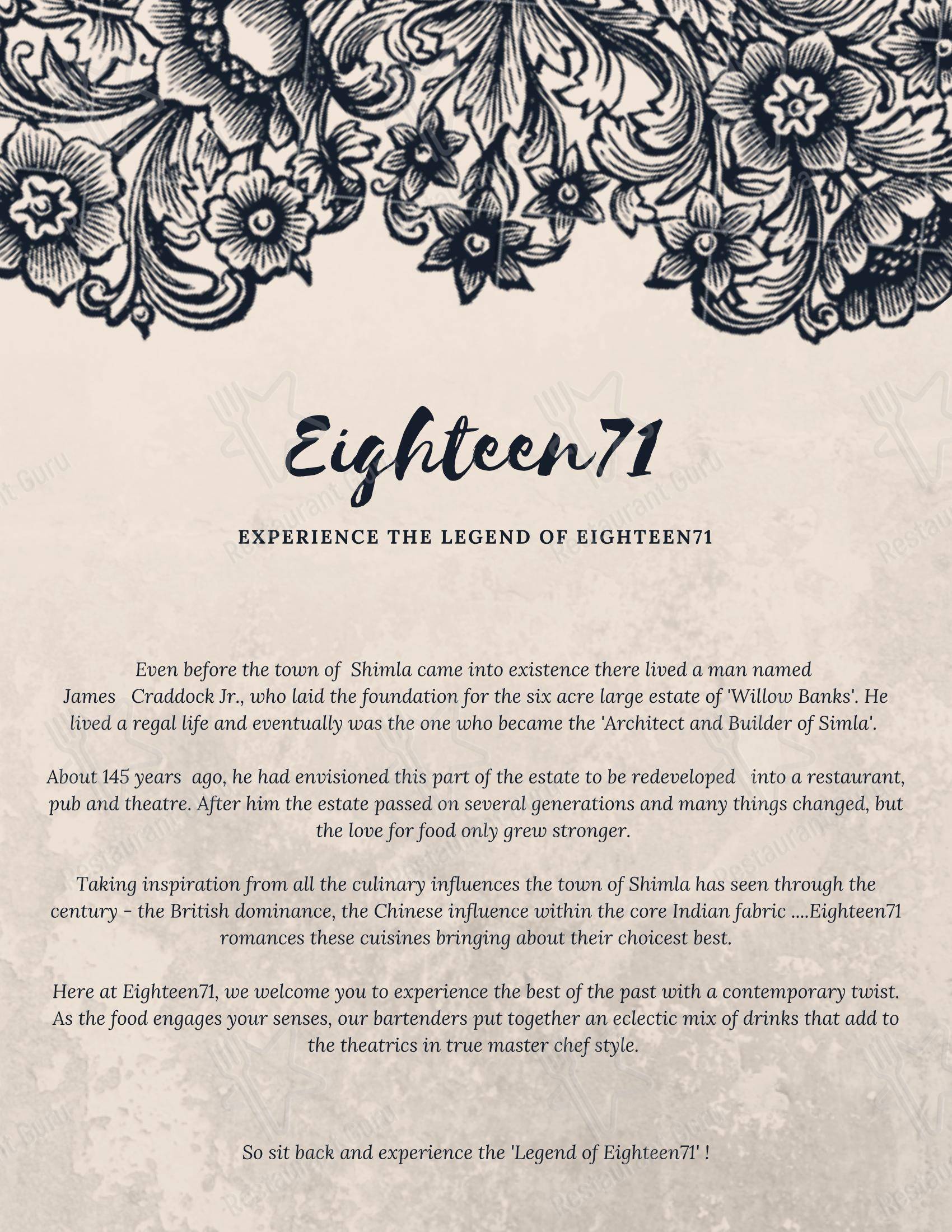 Eighteen71 Cookhouse & Bar (Indian & Oriental Fine Dining Restaurant in Shimla) - Menu