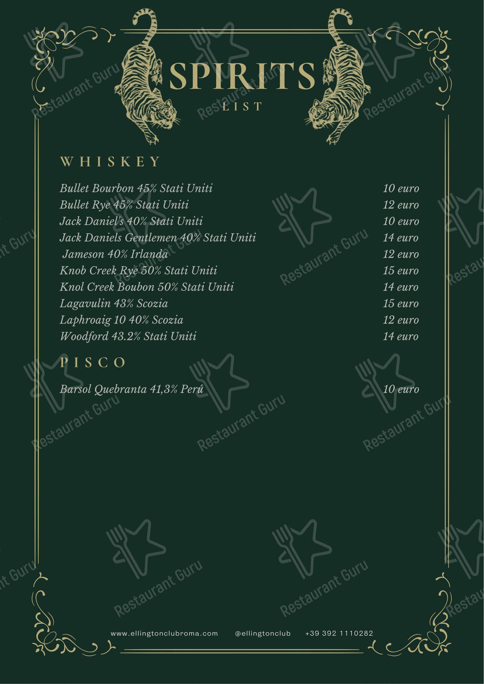 Menu bar per Ellington Club ristorante