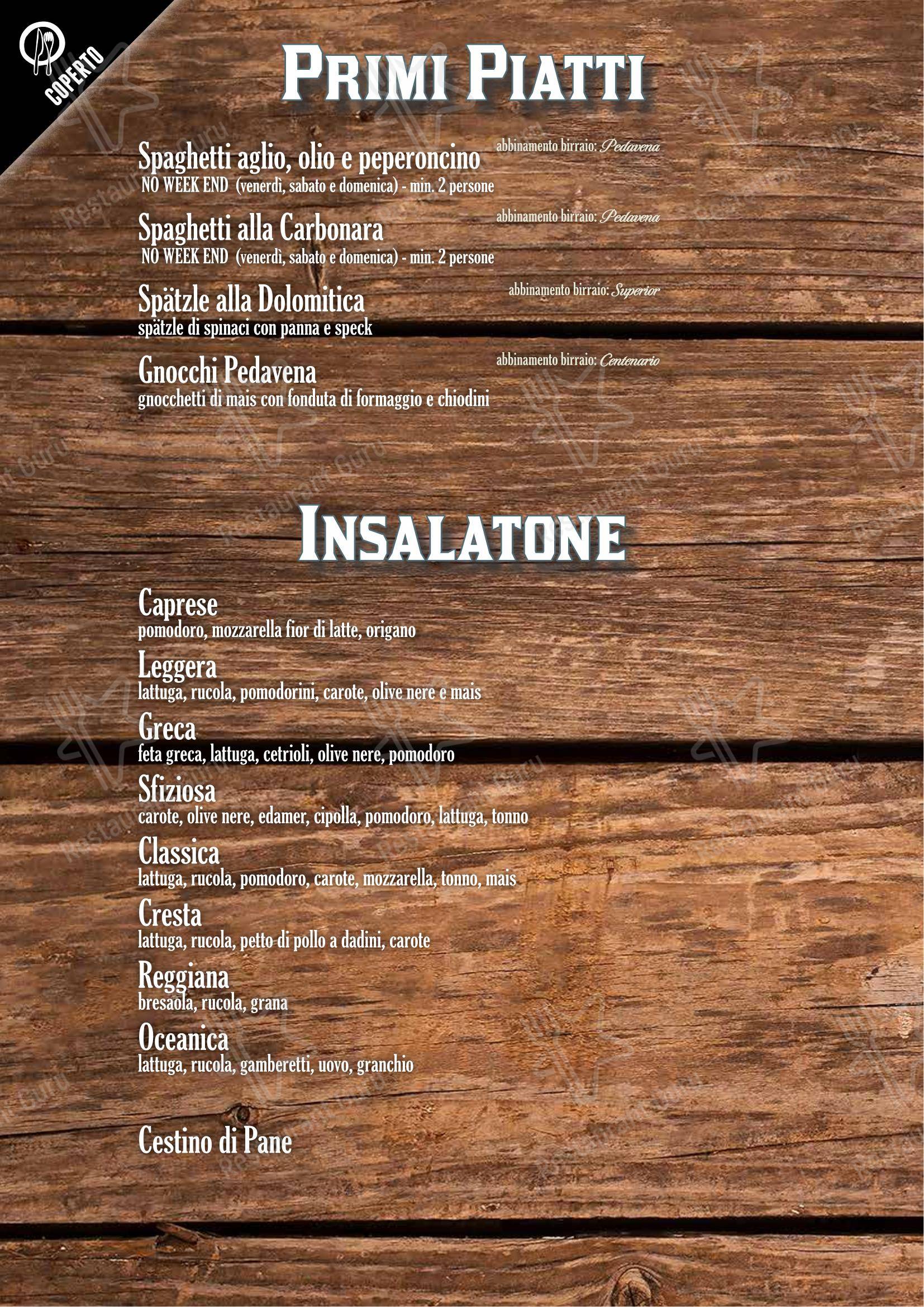 Menu di Fabbrica di Pedavena Mirano - Menu
