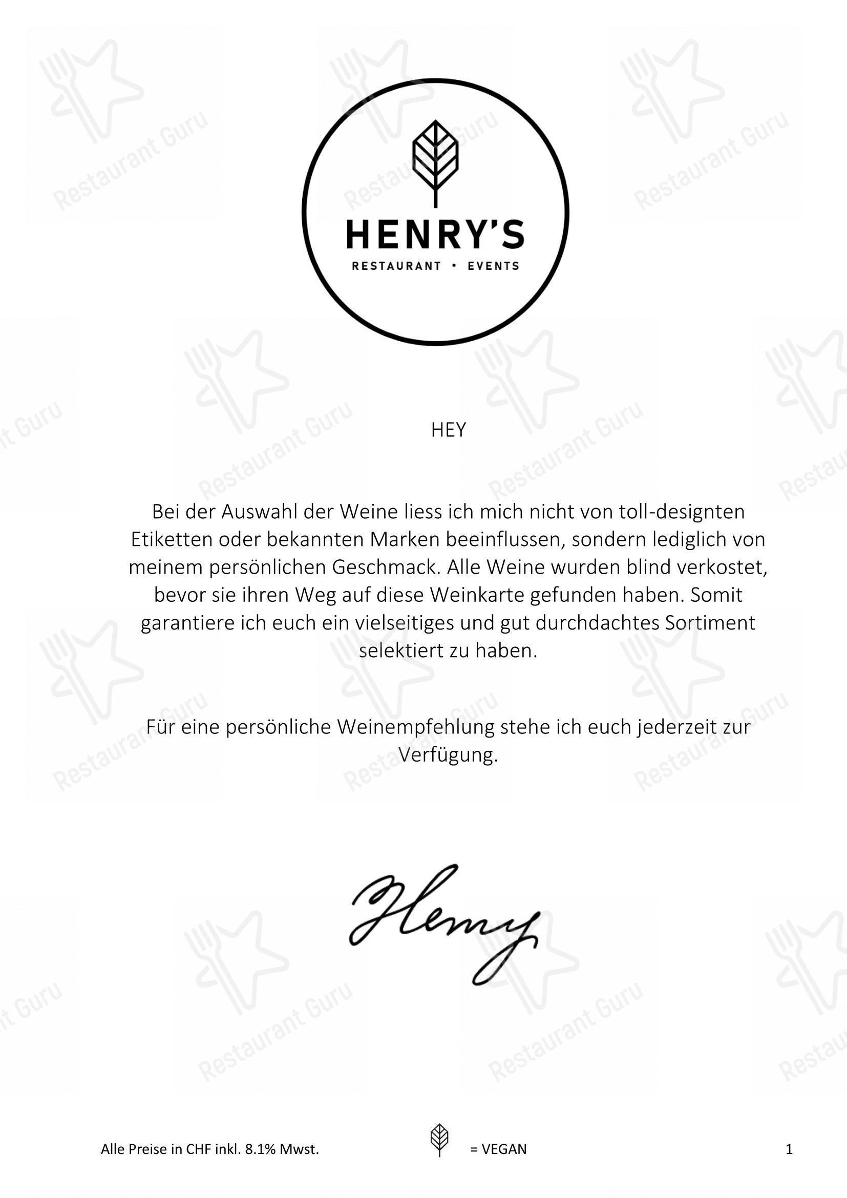 Menu di Henry's Restaurant Ihre Eventlocation - Основное меню