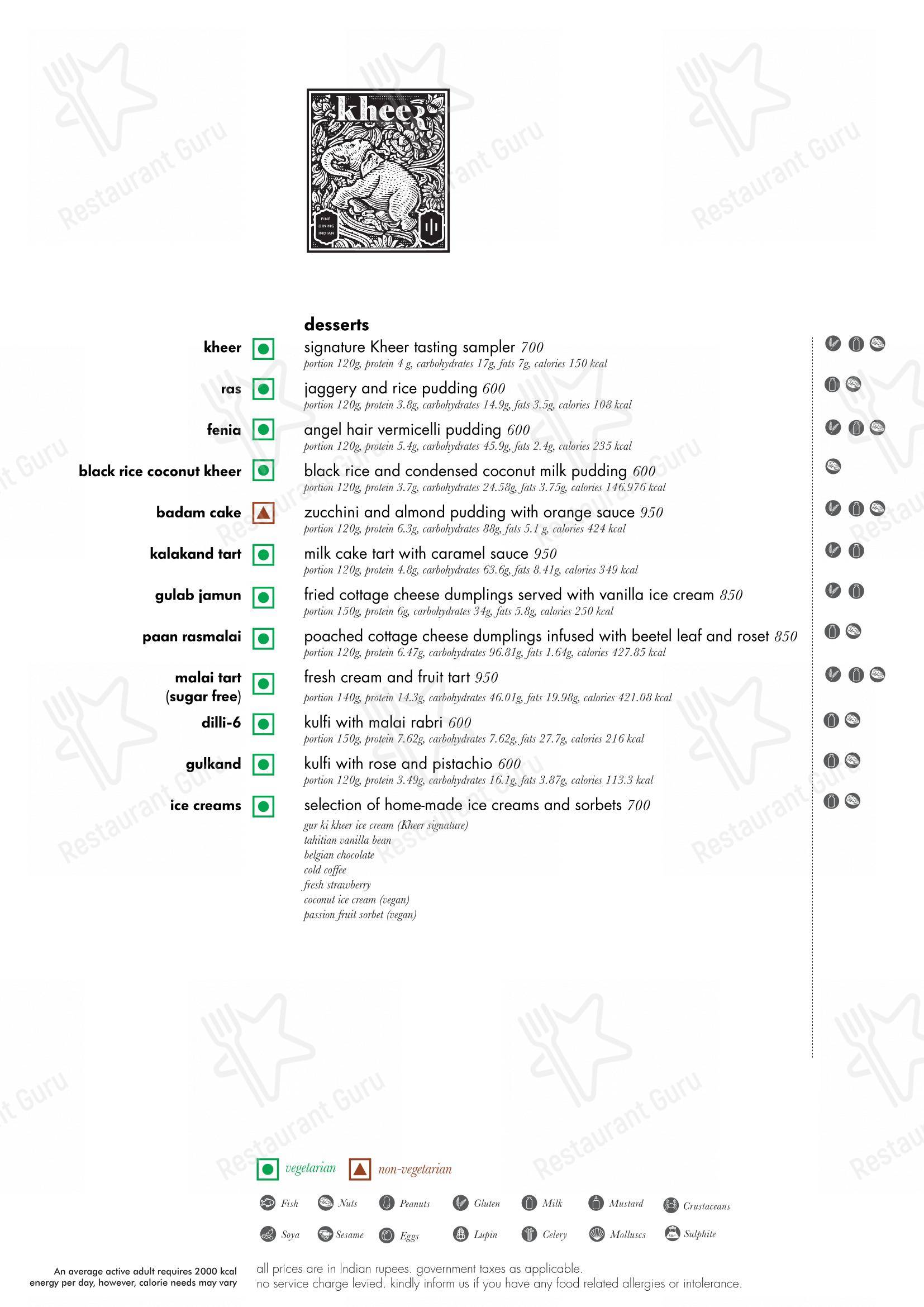 Menu for the Kheer - Roseate House restaurant