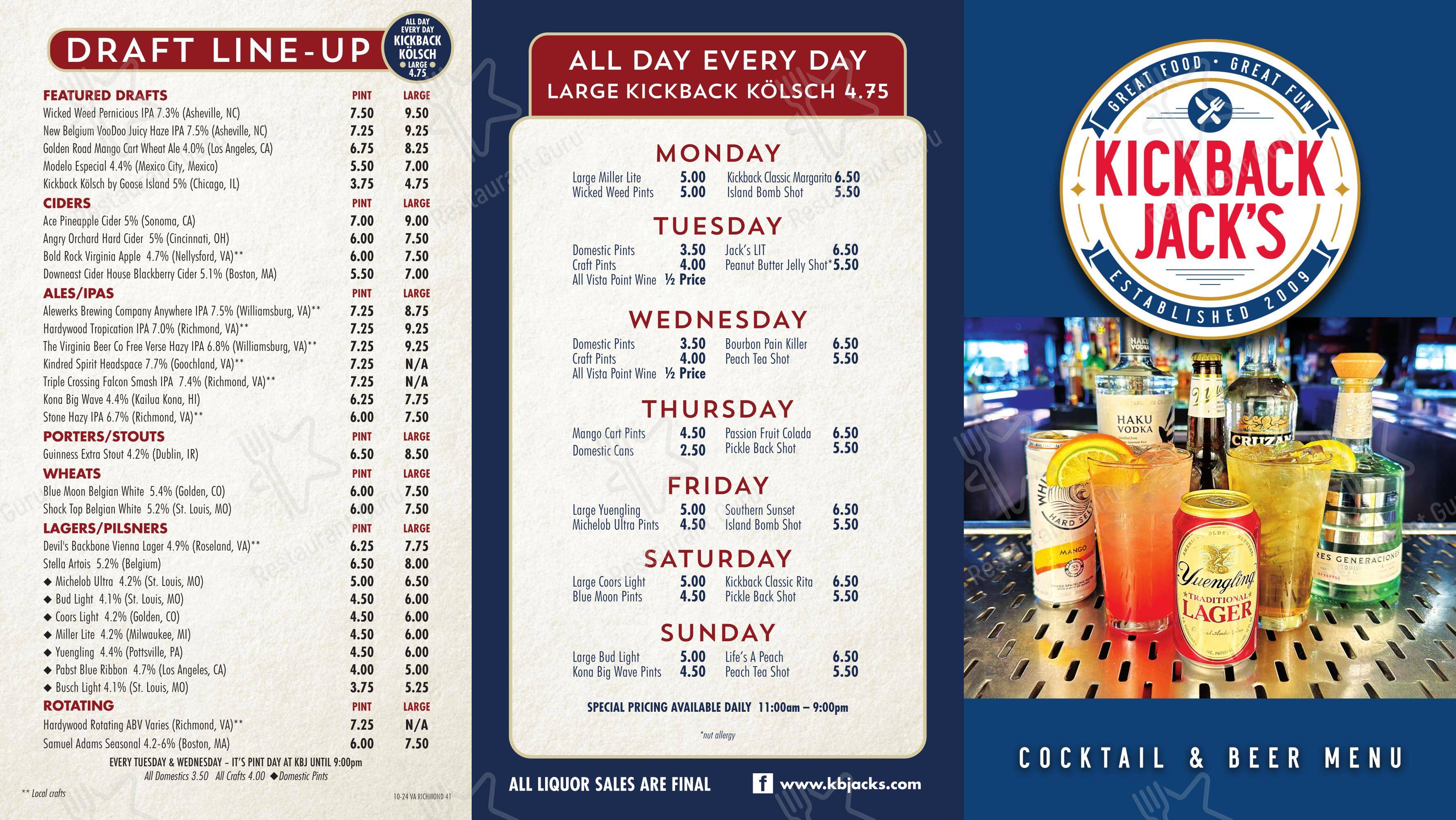 Menu at Kickback Jack’s pub & bar, Richmond, W Broad St