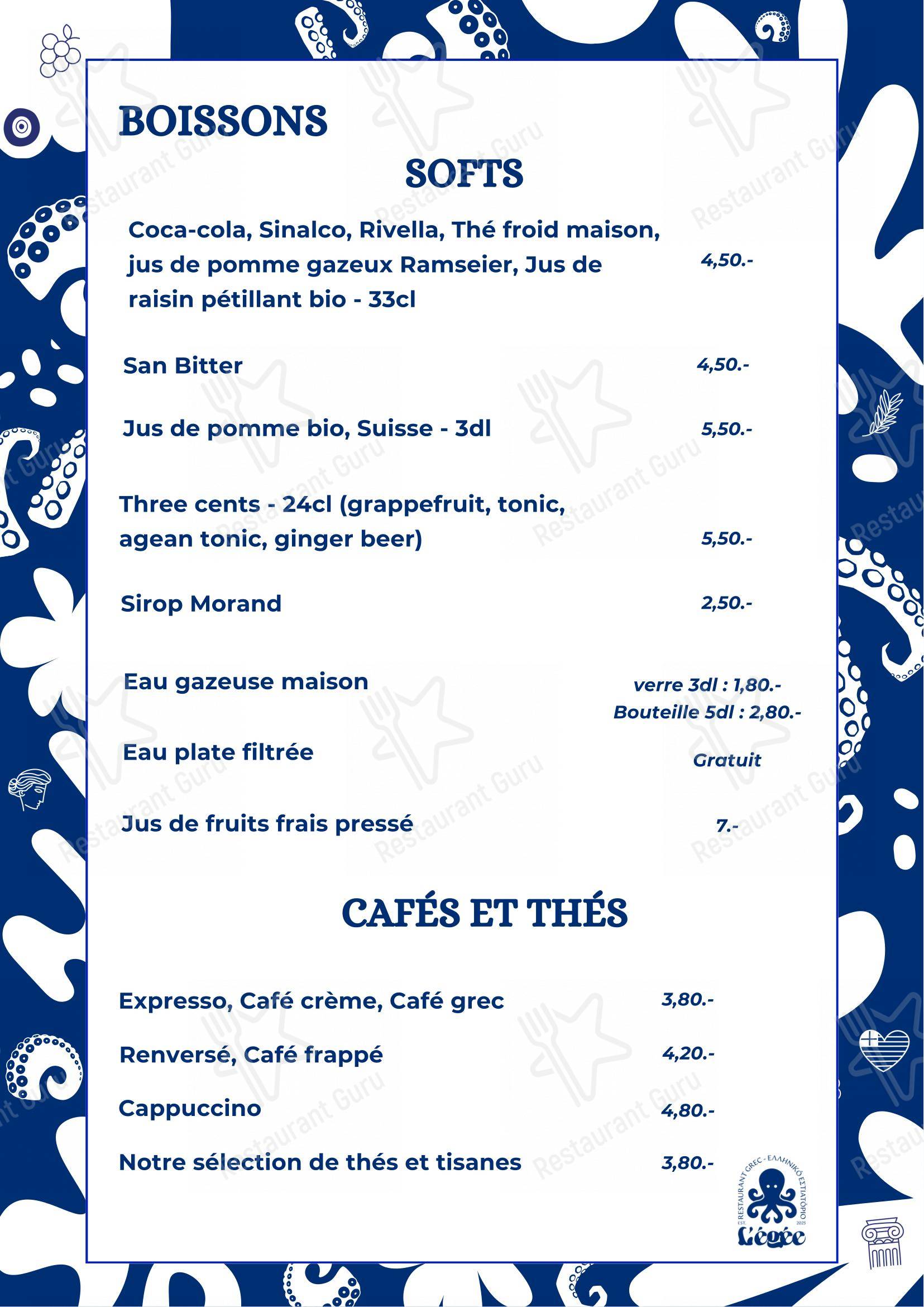 Menu pour L'Égée - Menu