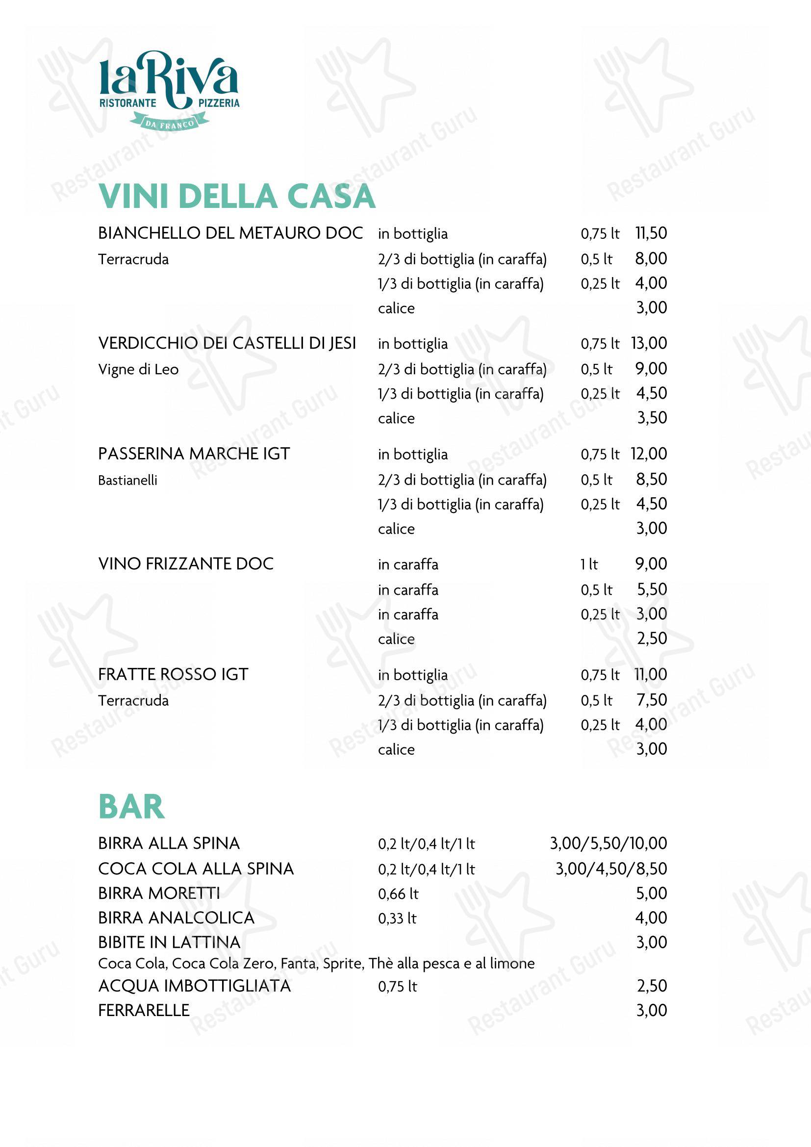 Menu bar per La Riva da Franco pizzeria