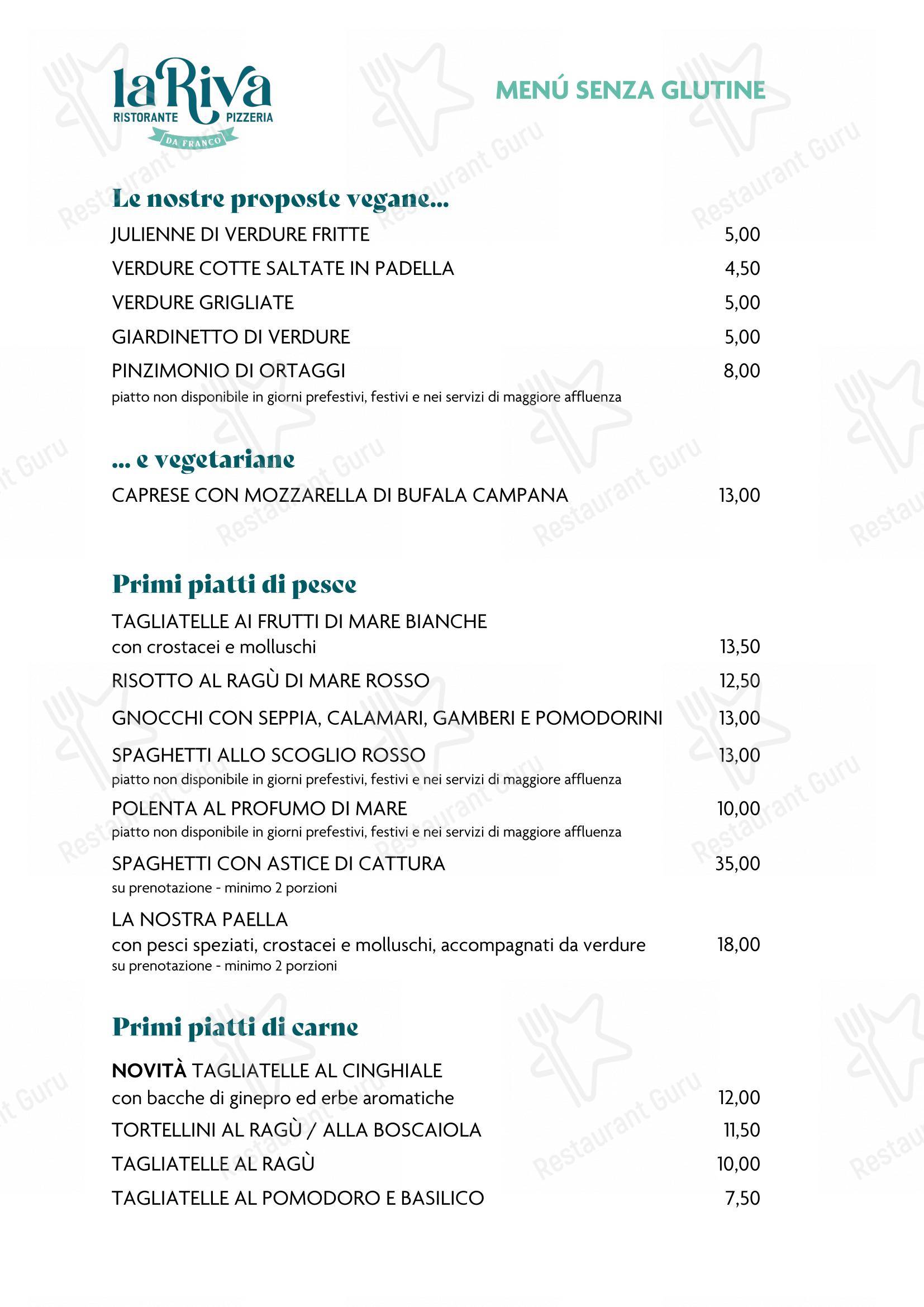 Menu bar per La Riva da Franco pizzeria