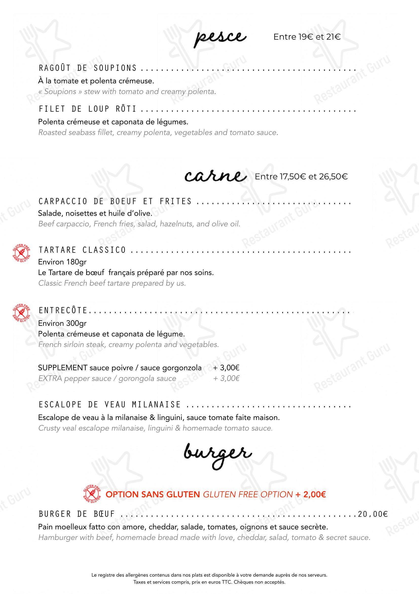 Menu pour Le Virginie, Nice Riquier - Menu bar