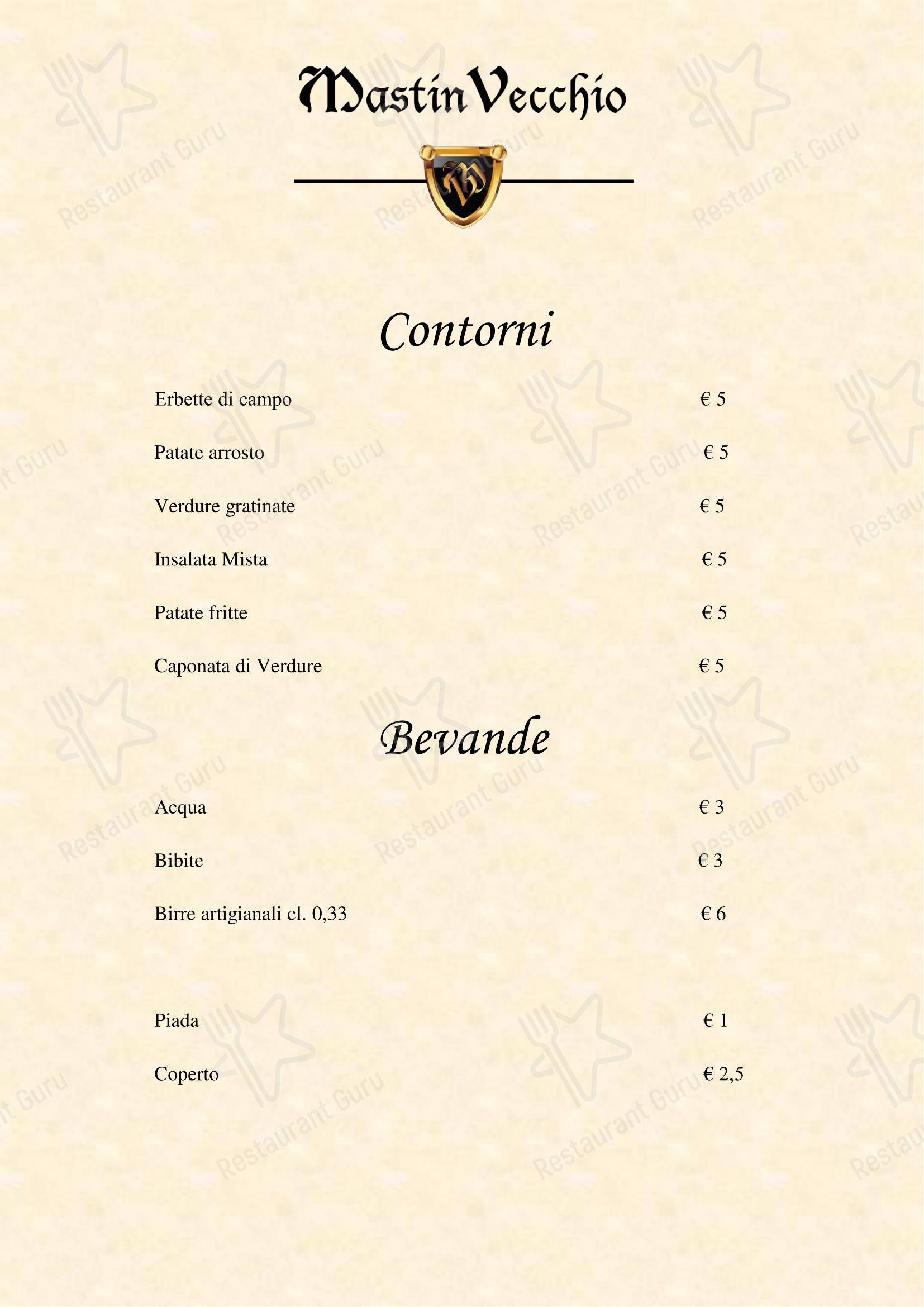 Menu di Mastin Vecchio - Menu