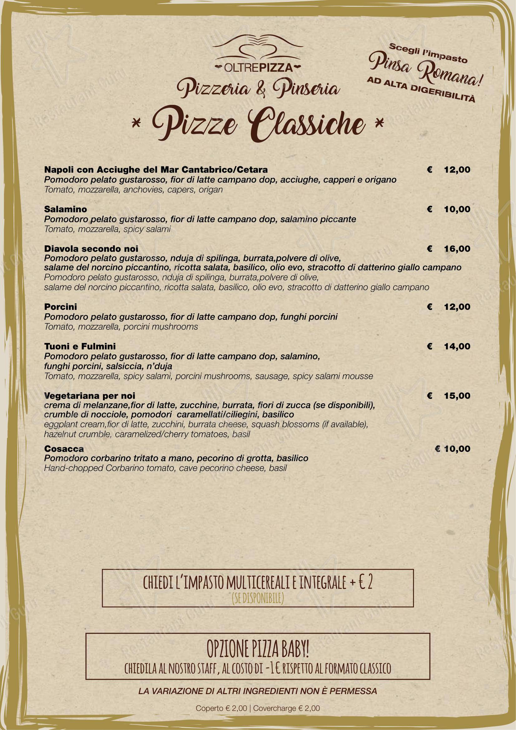 Menu per Oltrepizza pizzeria