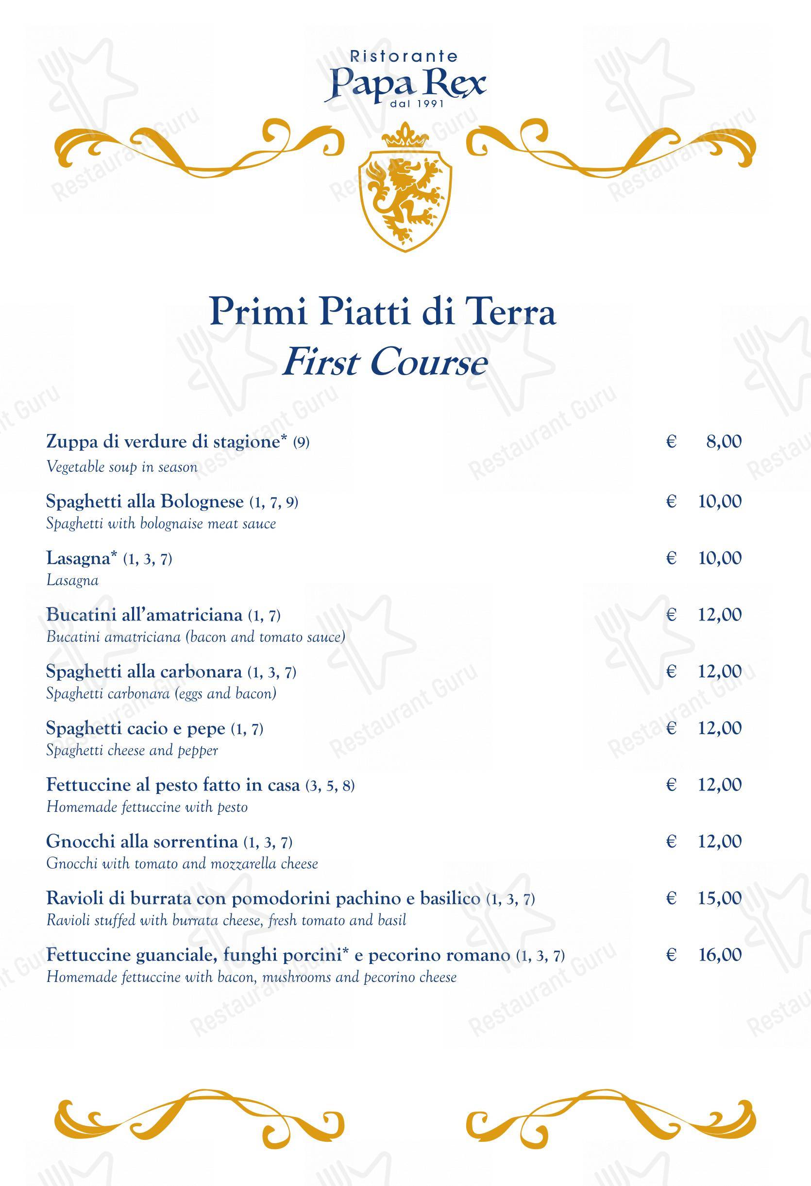 Menu per Papa Rex Ristorante - dal 1991 - in Roma