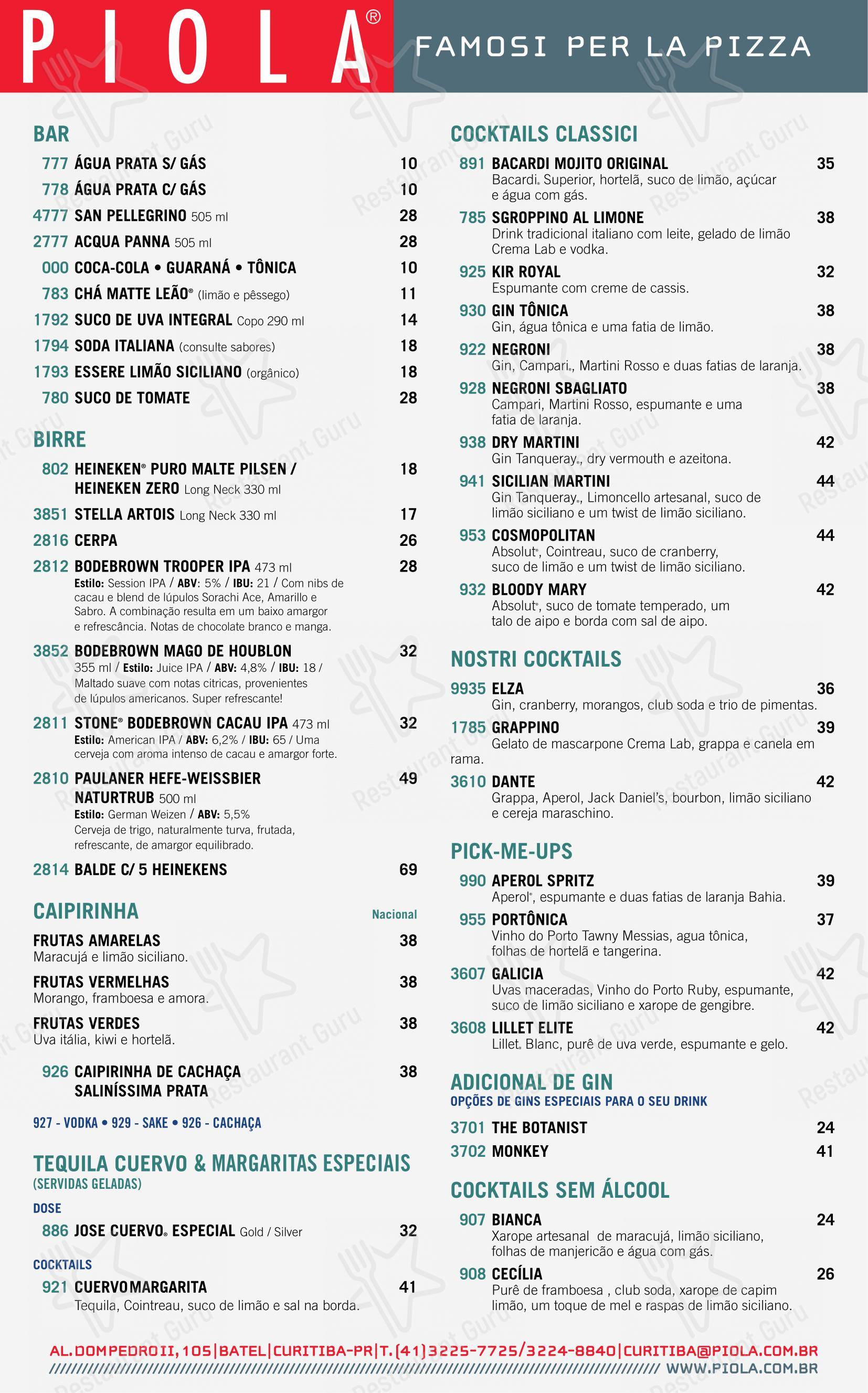 Piola Curitiba - Menu