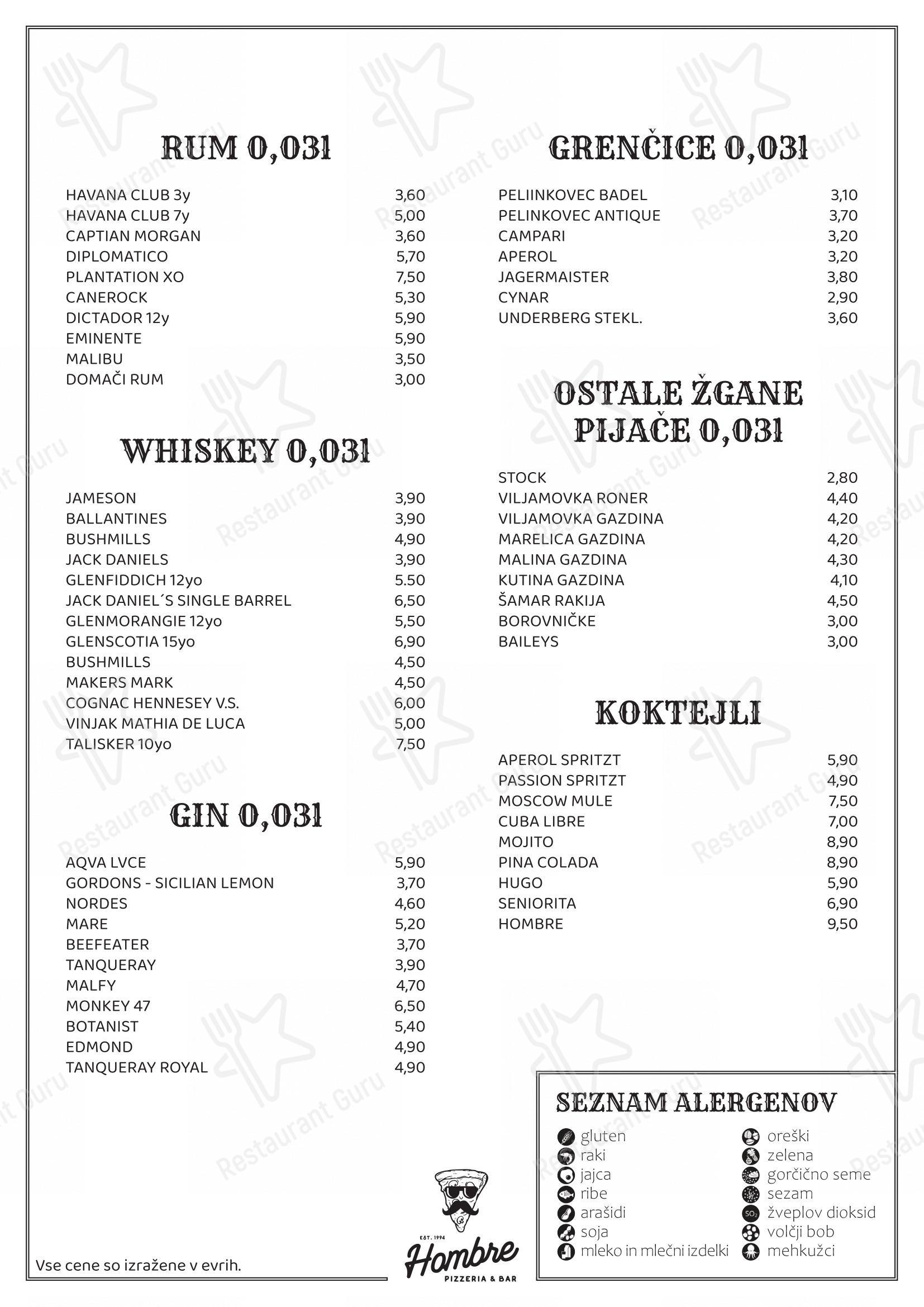 Menu bar per Pizzeria & Bar Hombre ristorante