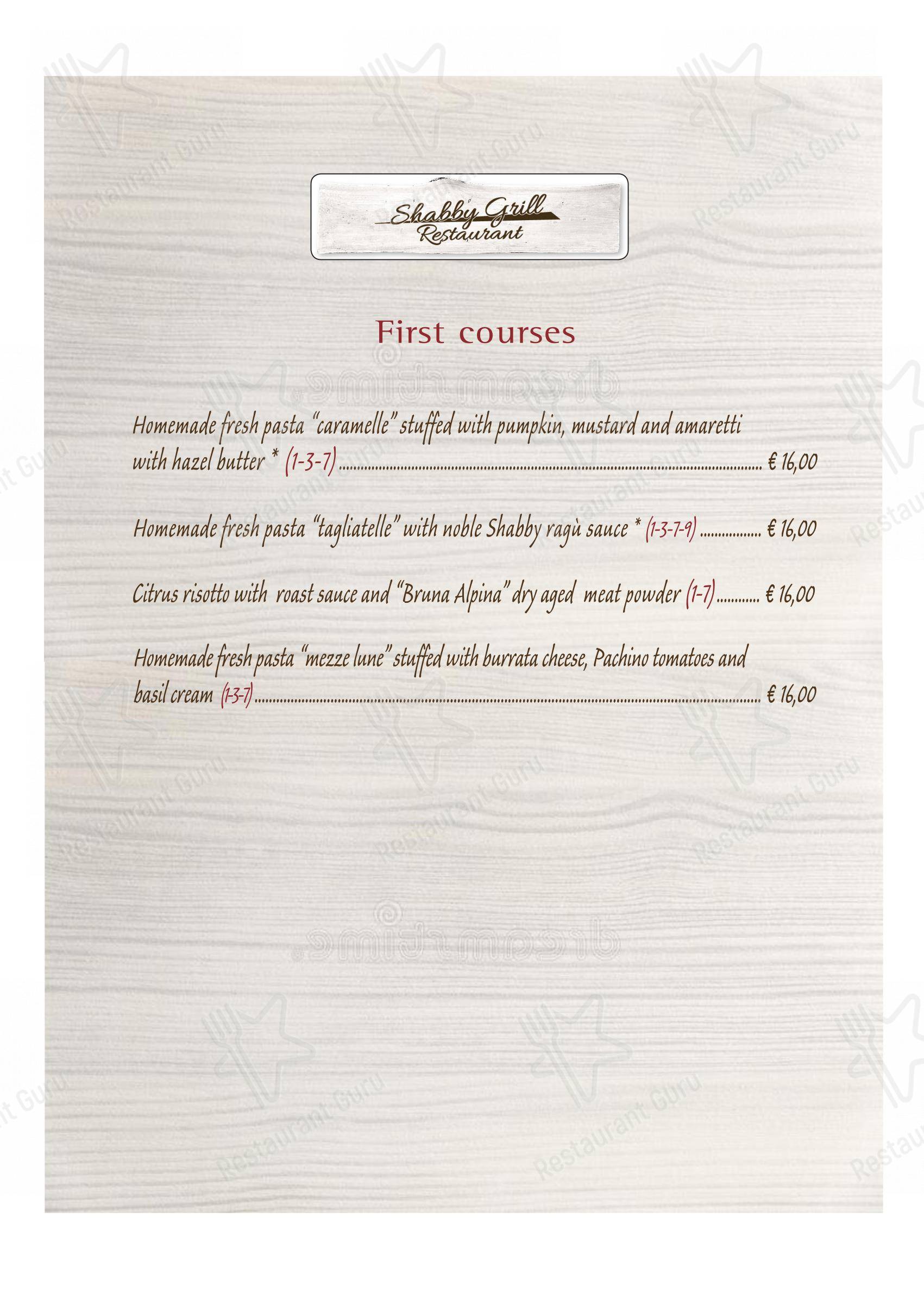 Carta de SHABBY GRILL – LA MIGLIOR CARNE FROLLATA DI MILANO - 菜单