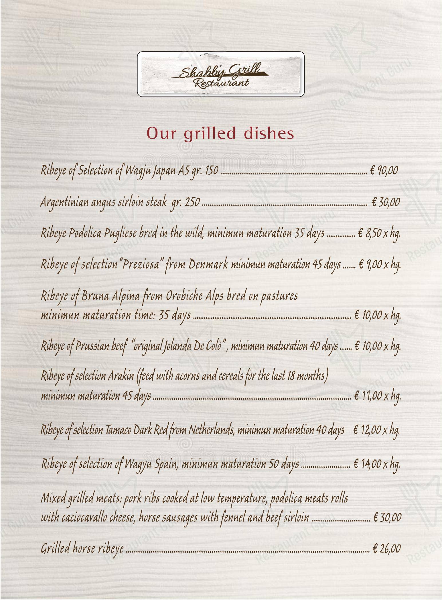 Menu bar de SHABBY GRILL – LA MIGLIOR CARNE FROLLATA DI MILANO en Milan