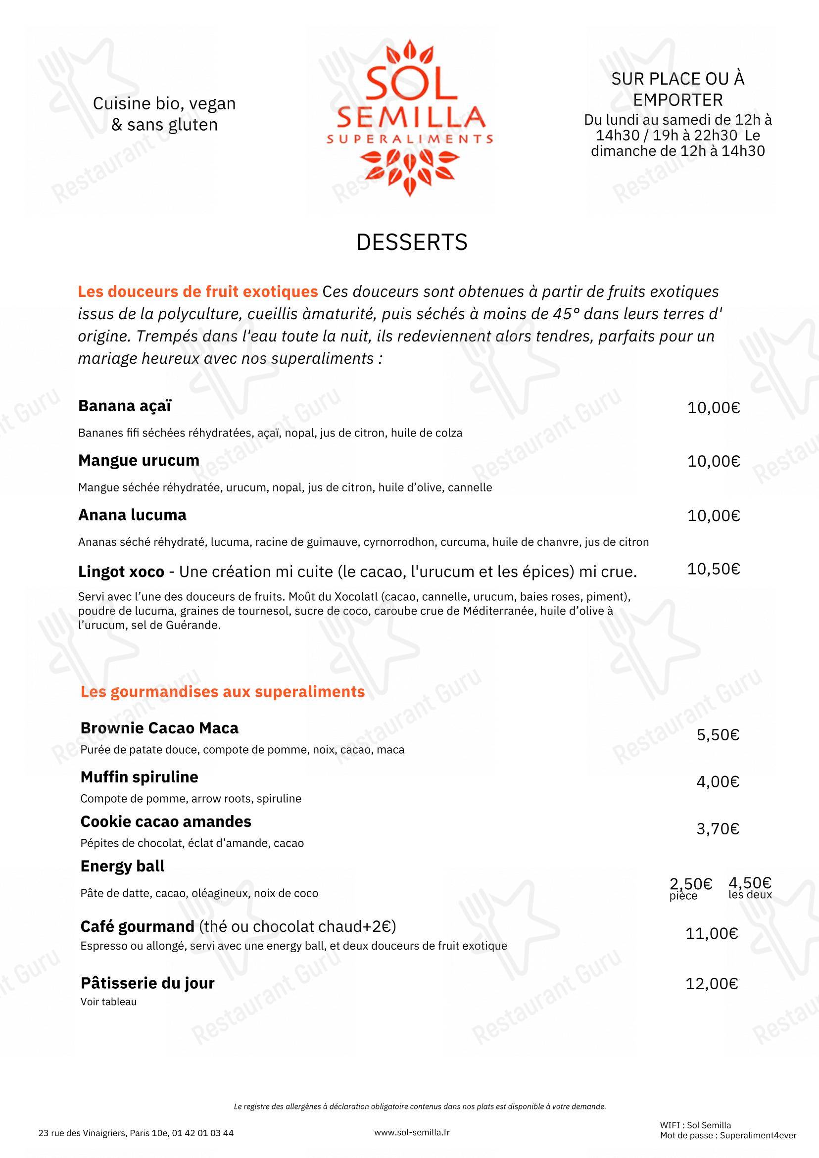 Menu pour SOL SEMILLA dans Paris