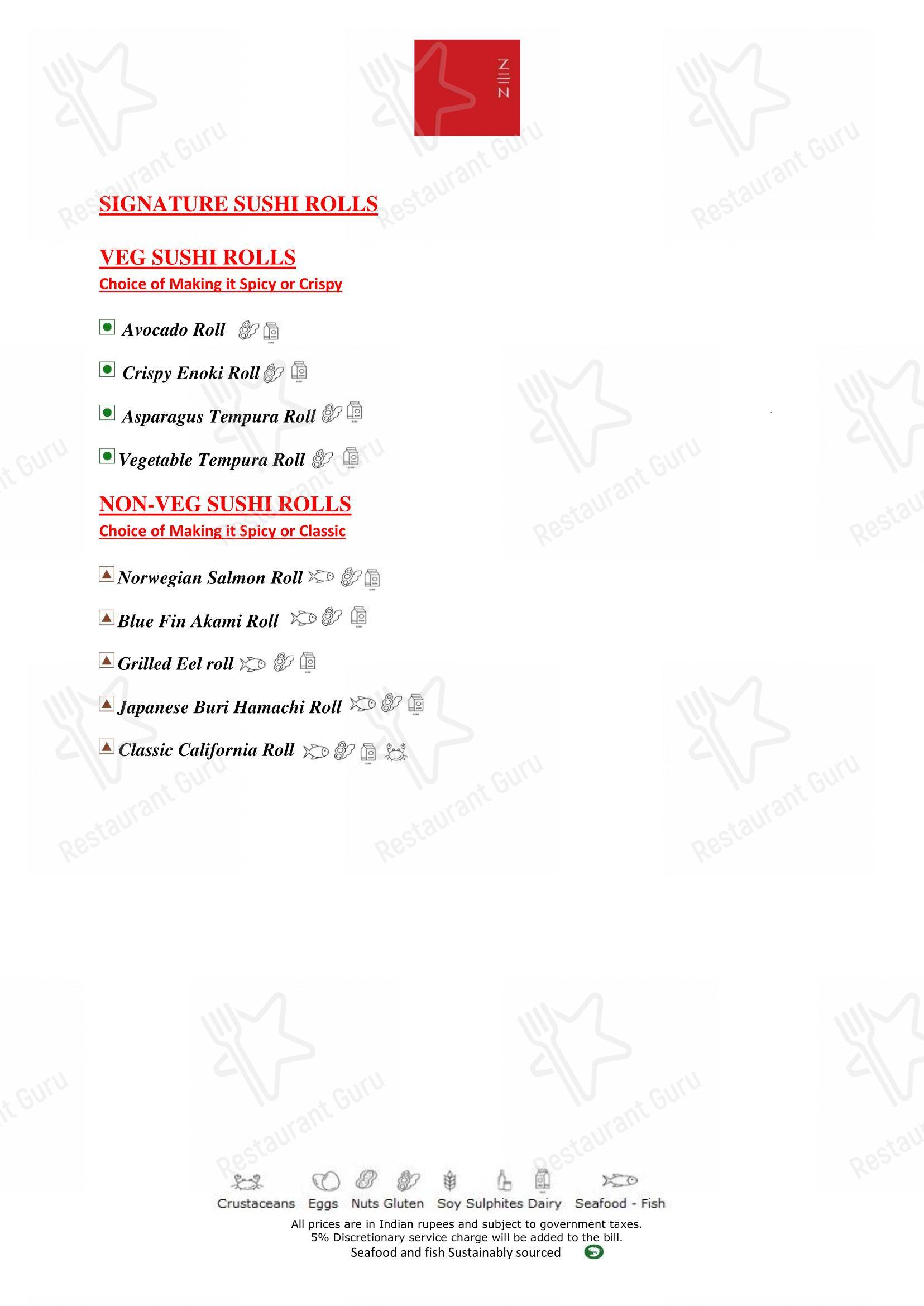 Menu for the Zen restaurant