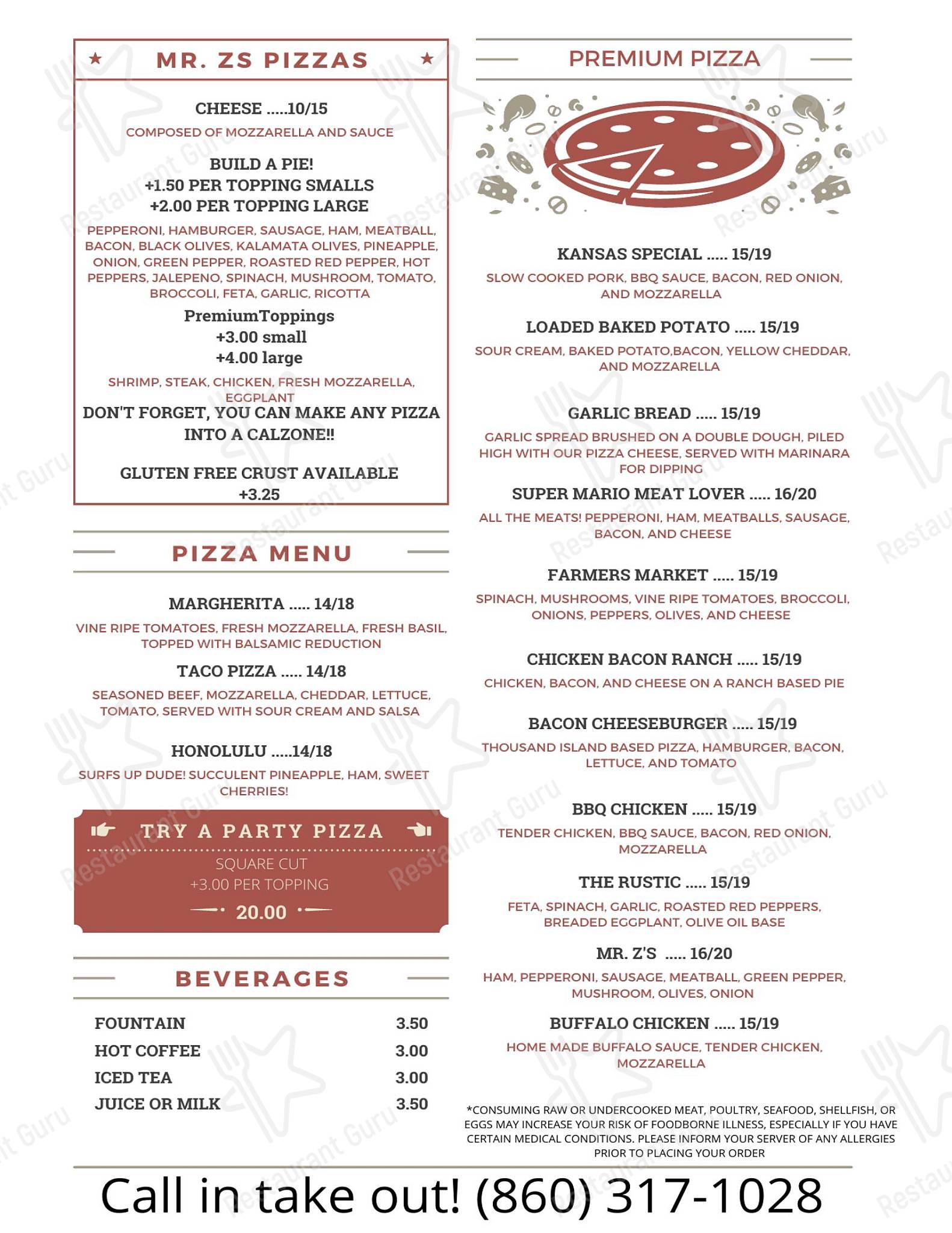 Menu at Mr. Z's Restaurant, Plainfield