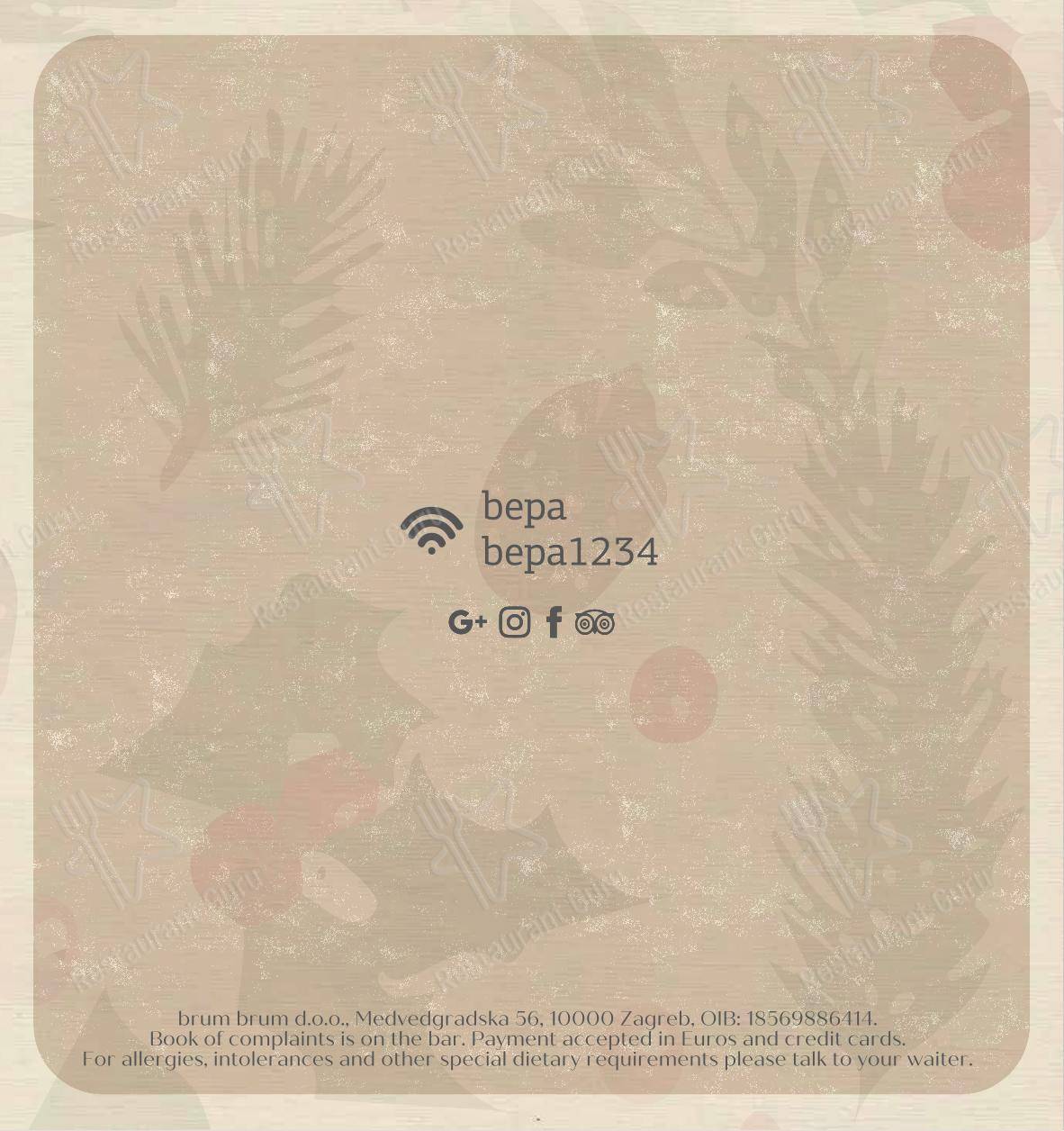 Bepa in Spalato - Основное меню