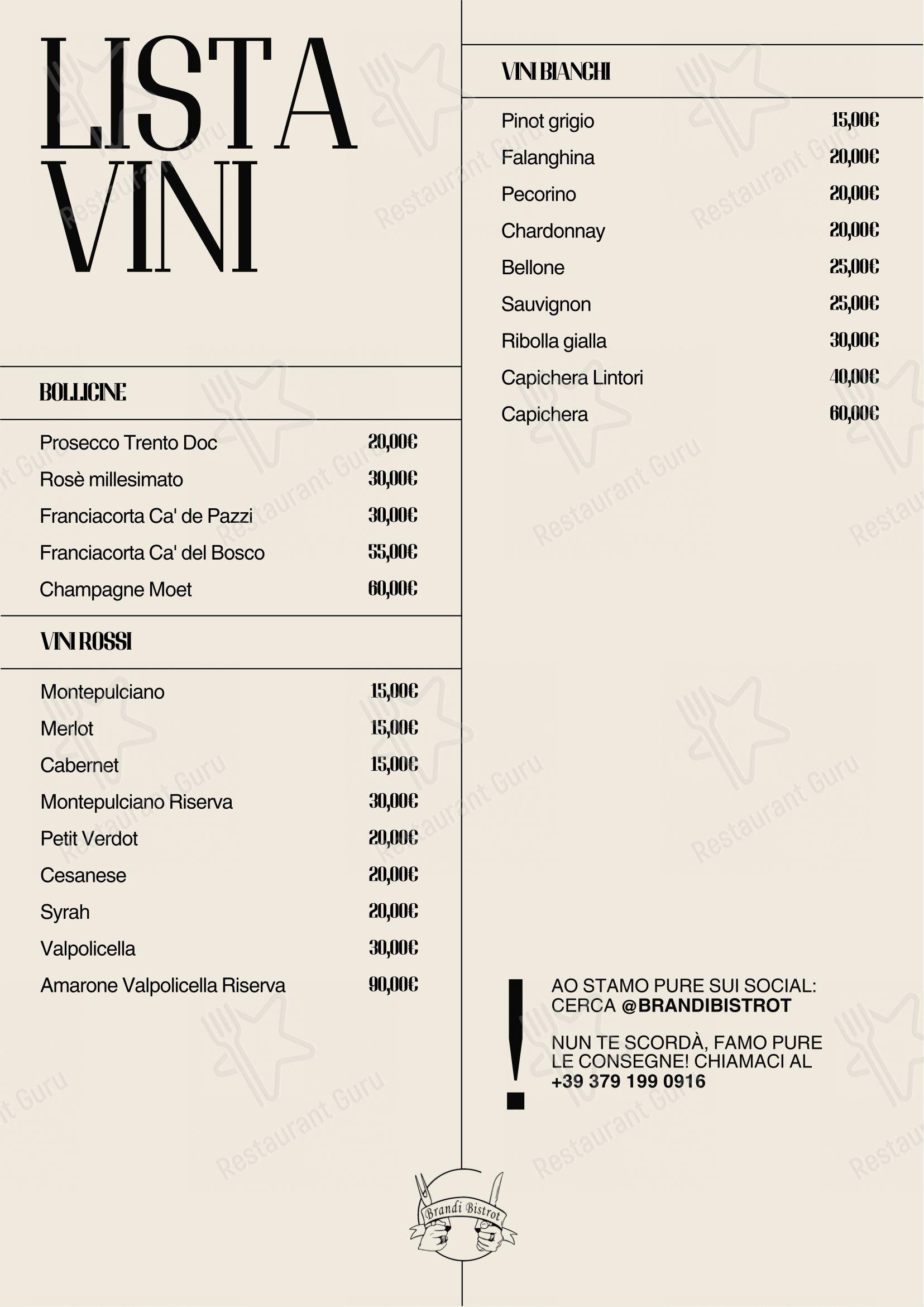 Menu per Brandi Bistrot in Roma