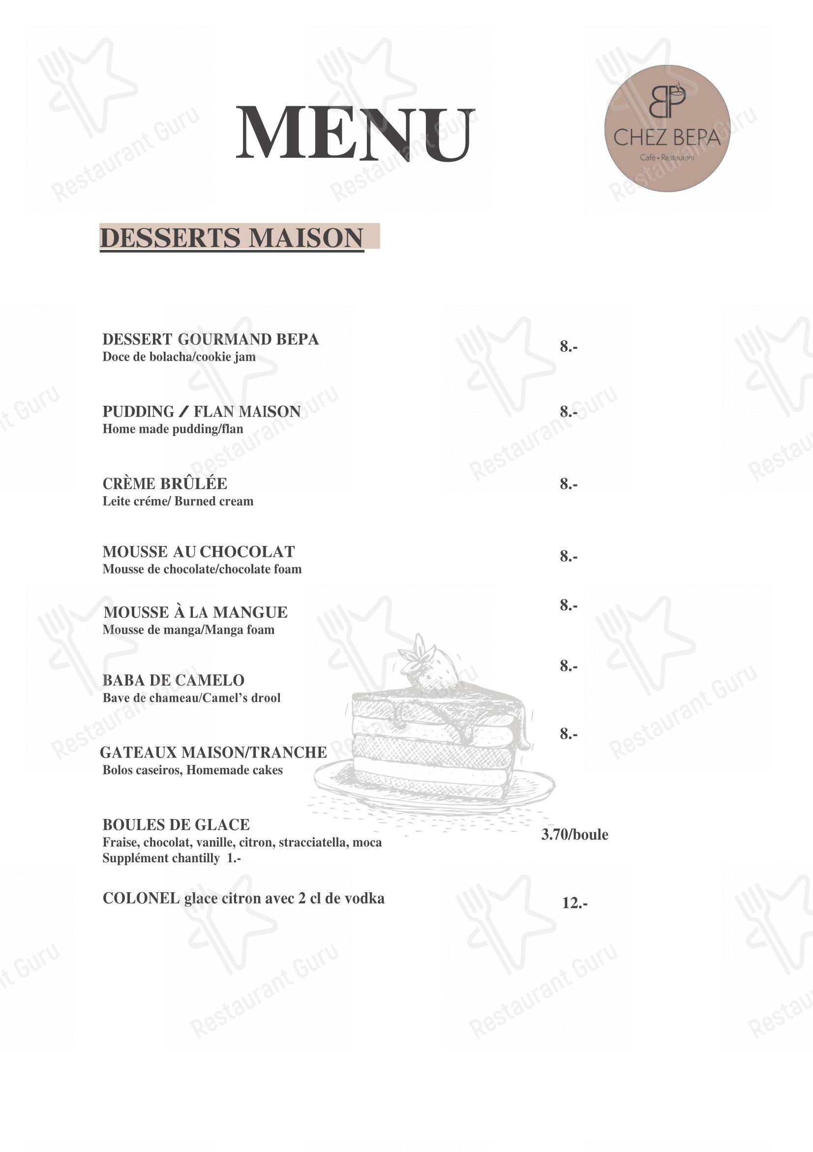 Café-Restaurant CHEZ BEPA in Crissier - Menu