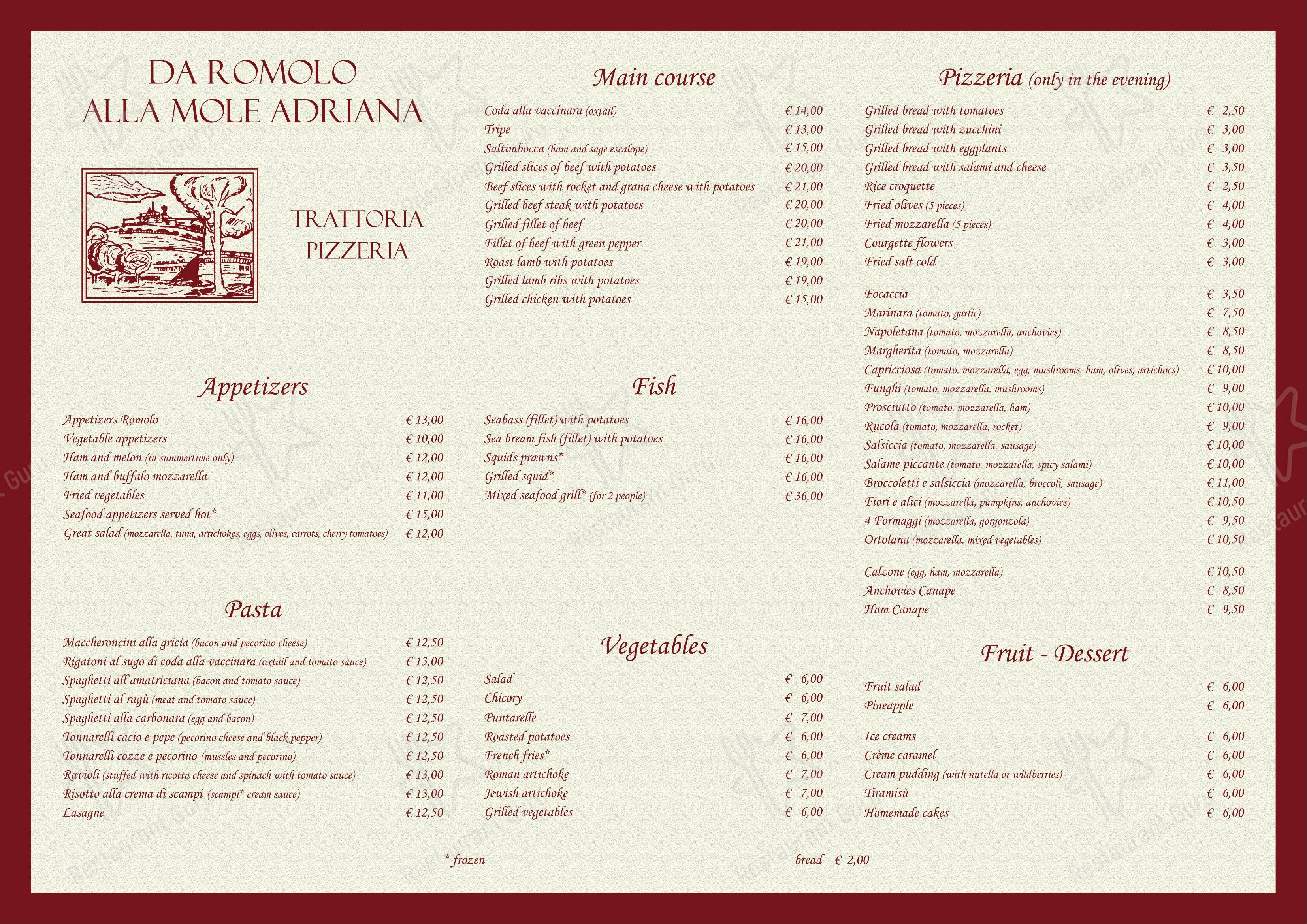 Menu di Da Romolo alla Mole Adriana - Menu bar