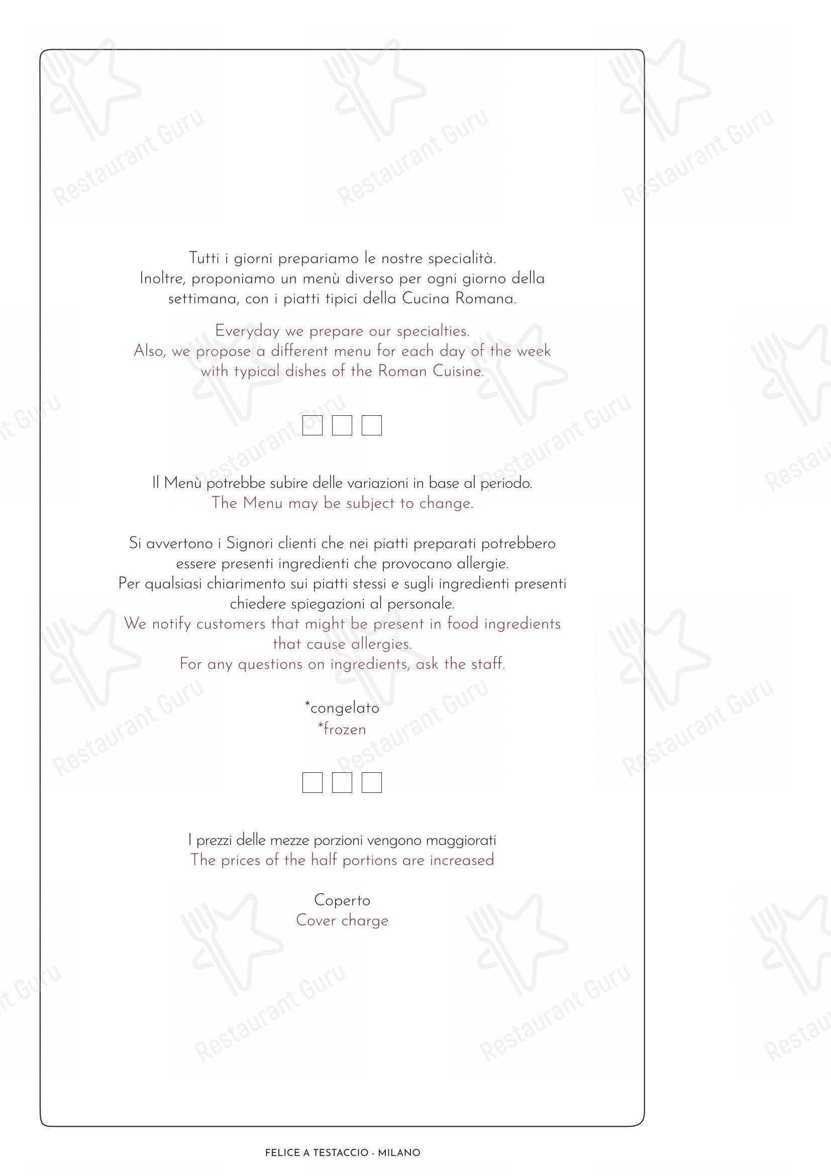 Felice a Testaccio ROMA in Roma - Menu bar