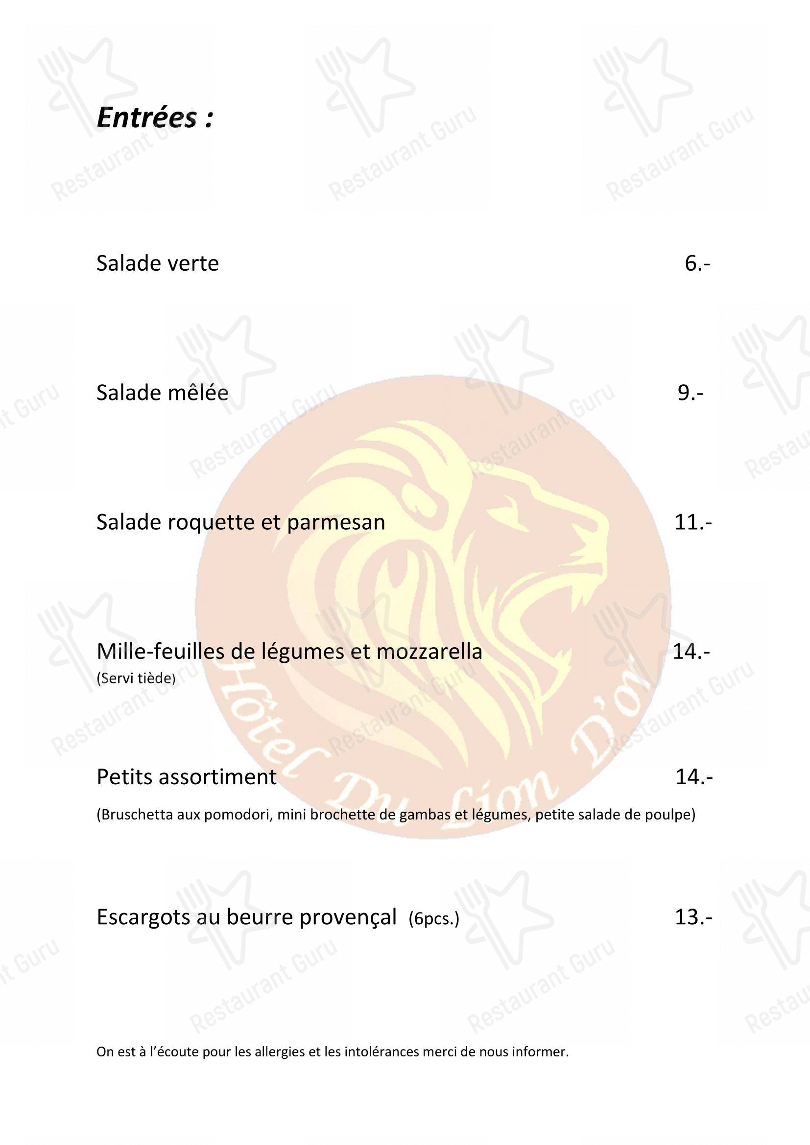 菜单 per Hôtel du Lion d'Or in Vuarrens