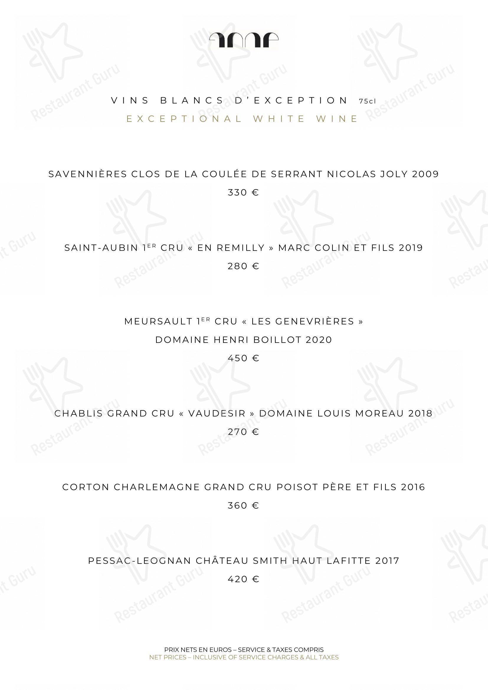 Dinner Menu pour Le Pavillon de la Reine restaurant