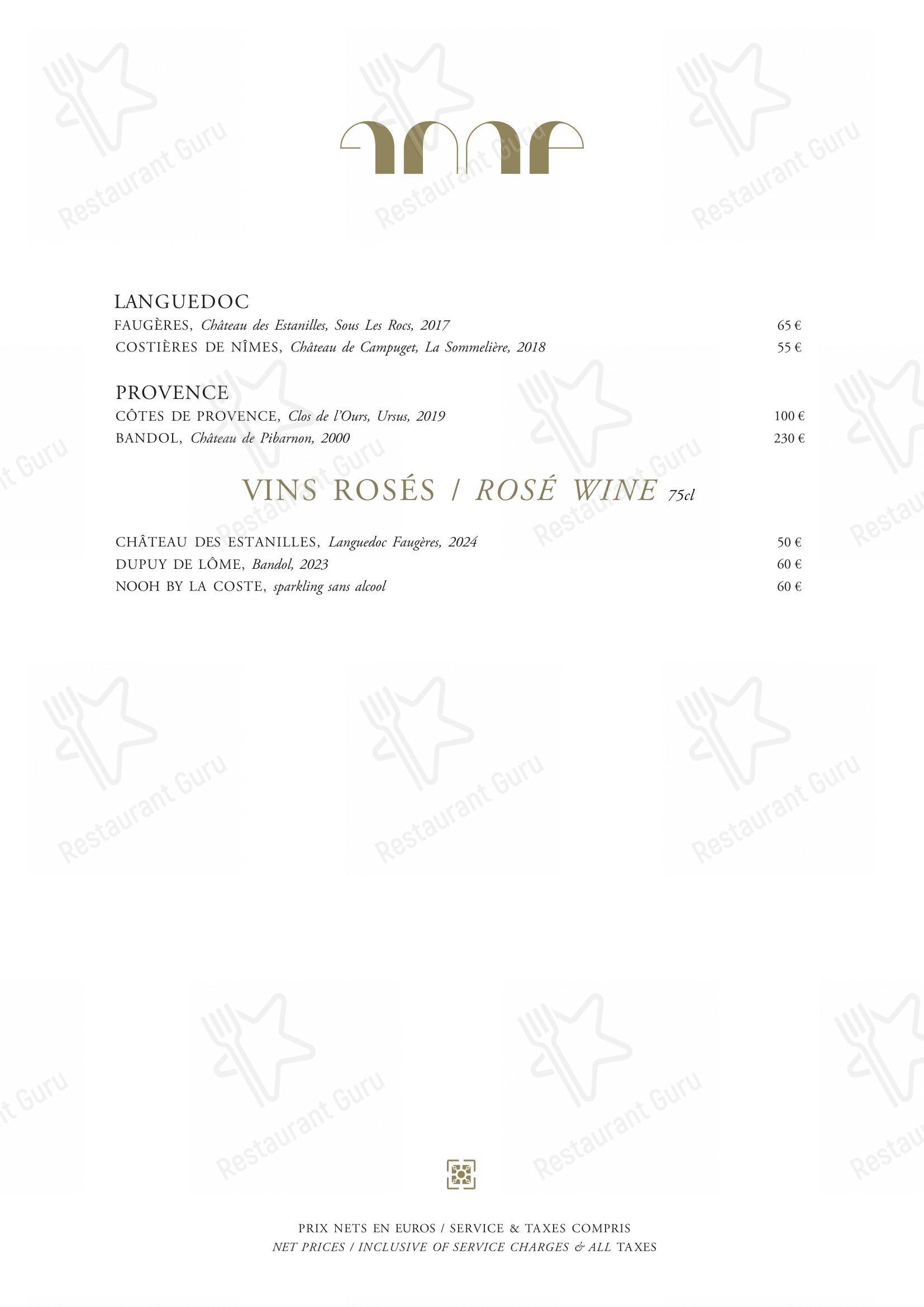Dinner Menu pour Le Pavillon de la Reine restaurant