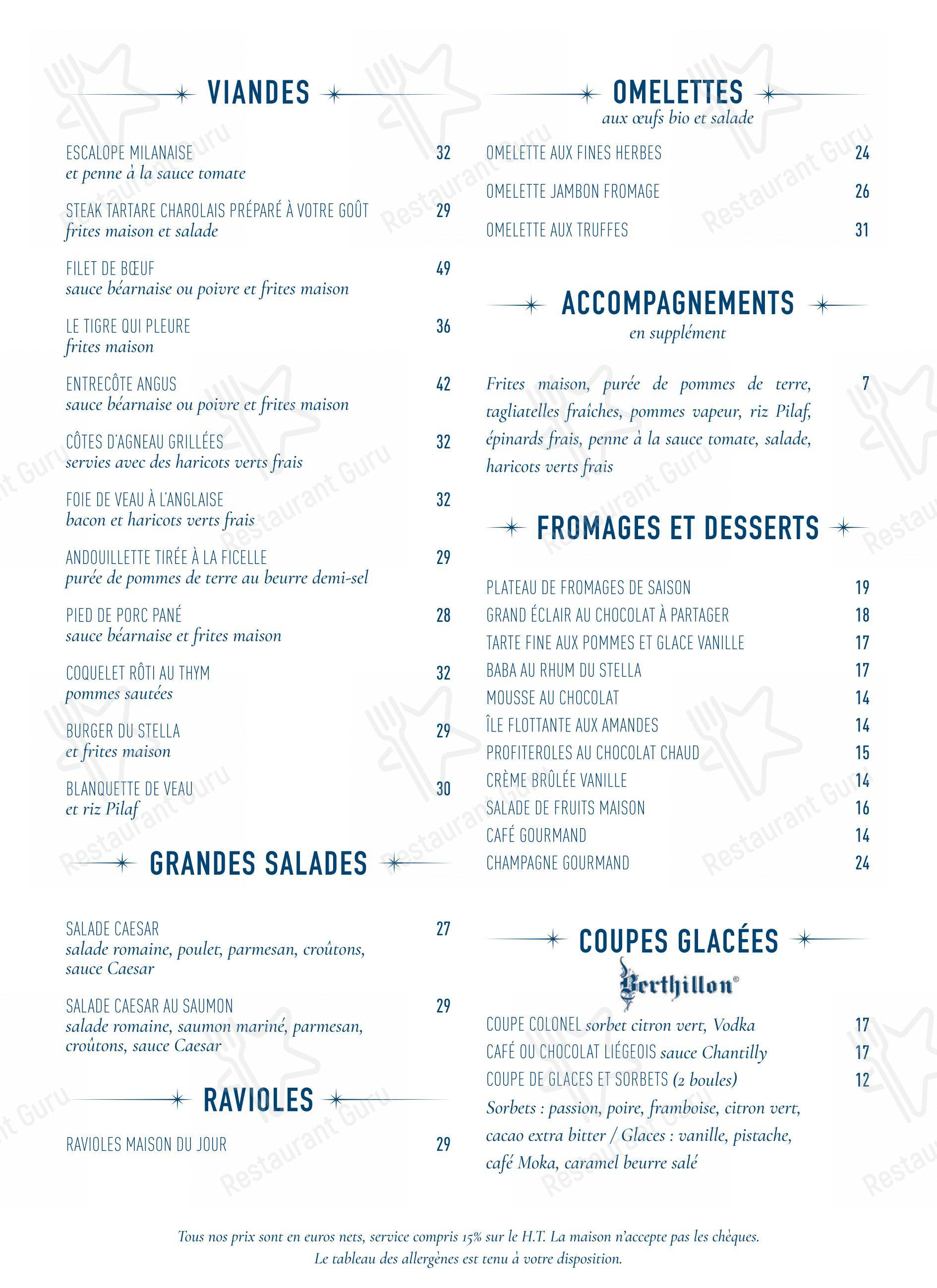 Menu bar pour Le Stella dans Paris