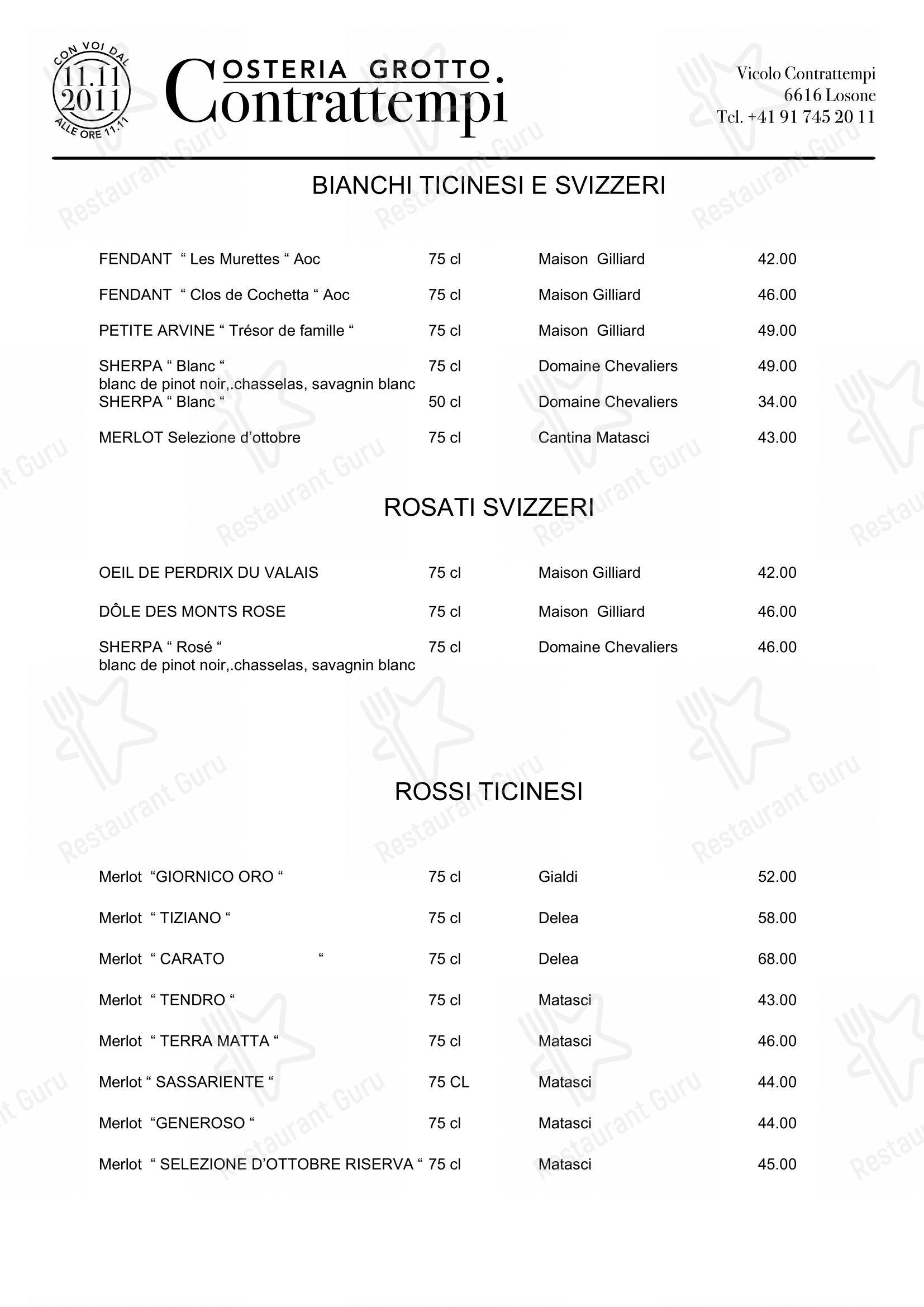 Menu di Osteria Grotto Contrattempi - Menu bar