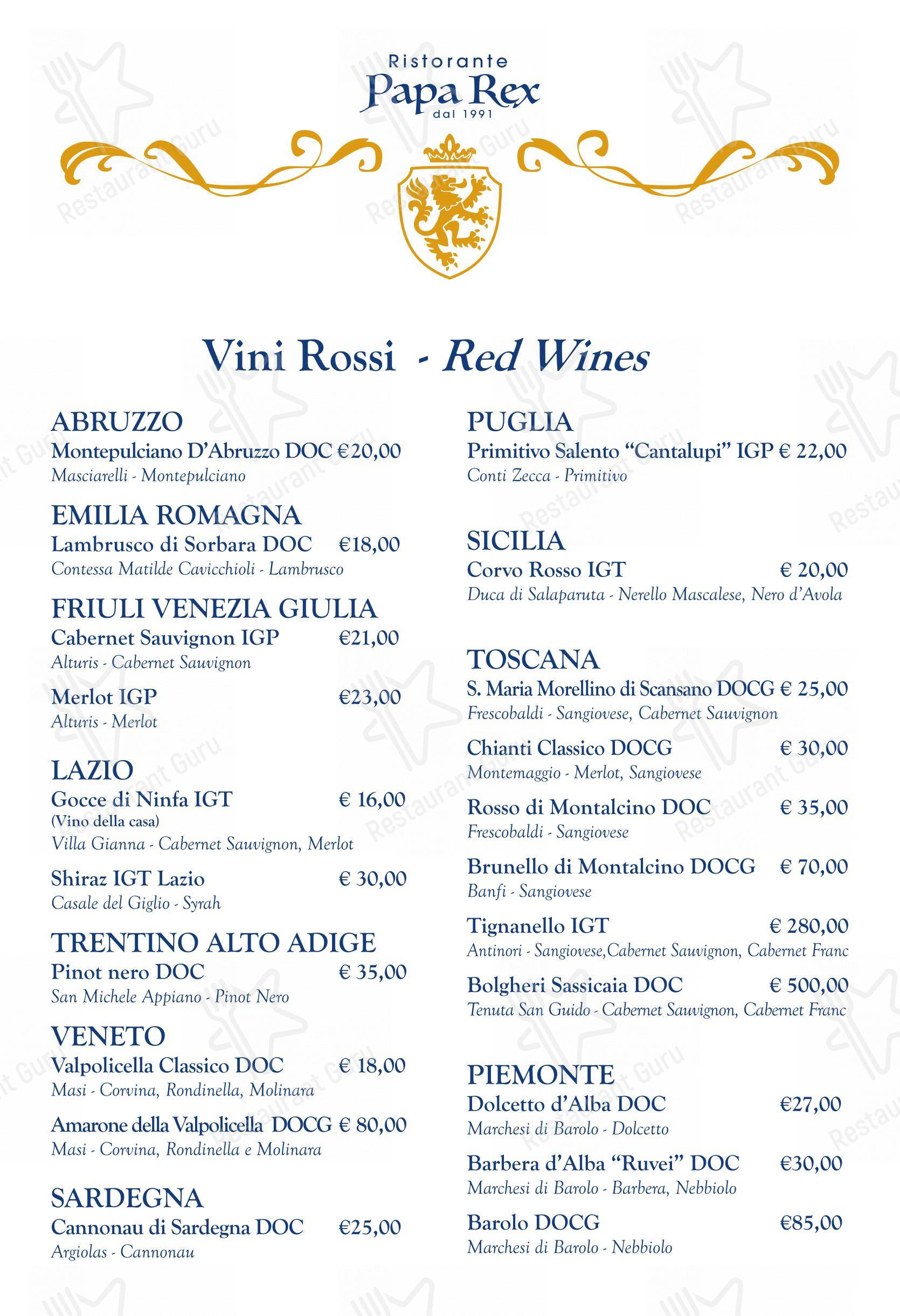 Menu per Papa Rex Ristorante - dal 1991 - in Roma